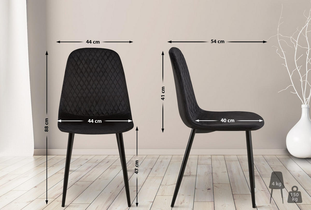 STUHL 4er Set Samt Schwarz - Schwarz, Textil/Metall (44/88/54cm) - CLP