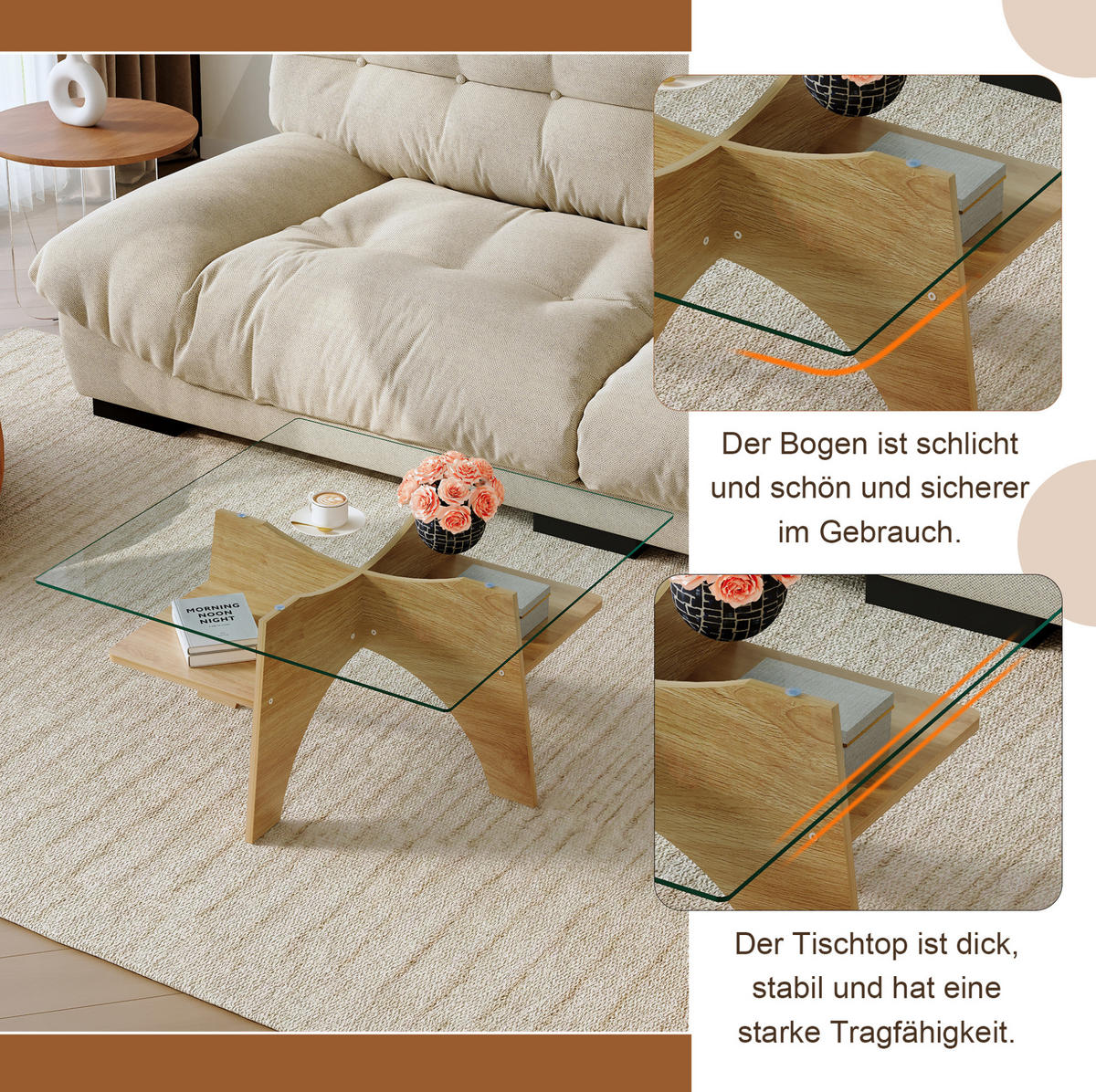 COUCHTISCH quadratisch 80 x 80 cm Glas Holzoptik - Transparent, Glas (80/80/40cm) - Meubliv