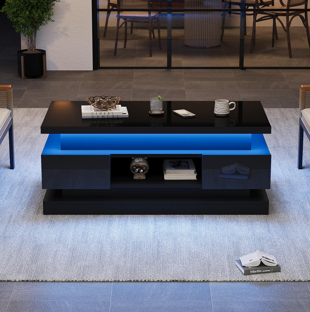 COUCHTISCH 100/50/40 cm Schwarz höhenverstellbar mit LED-Beleuchtung und Stauraum - Schwarz, Holzwerkstoff (100/50/40cm) - OKWISH