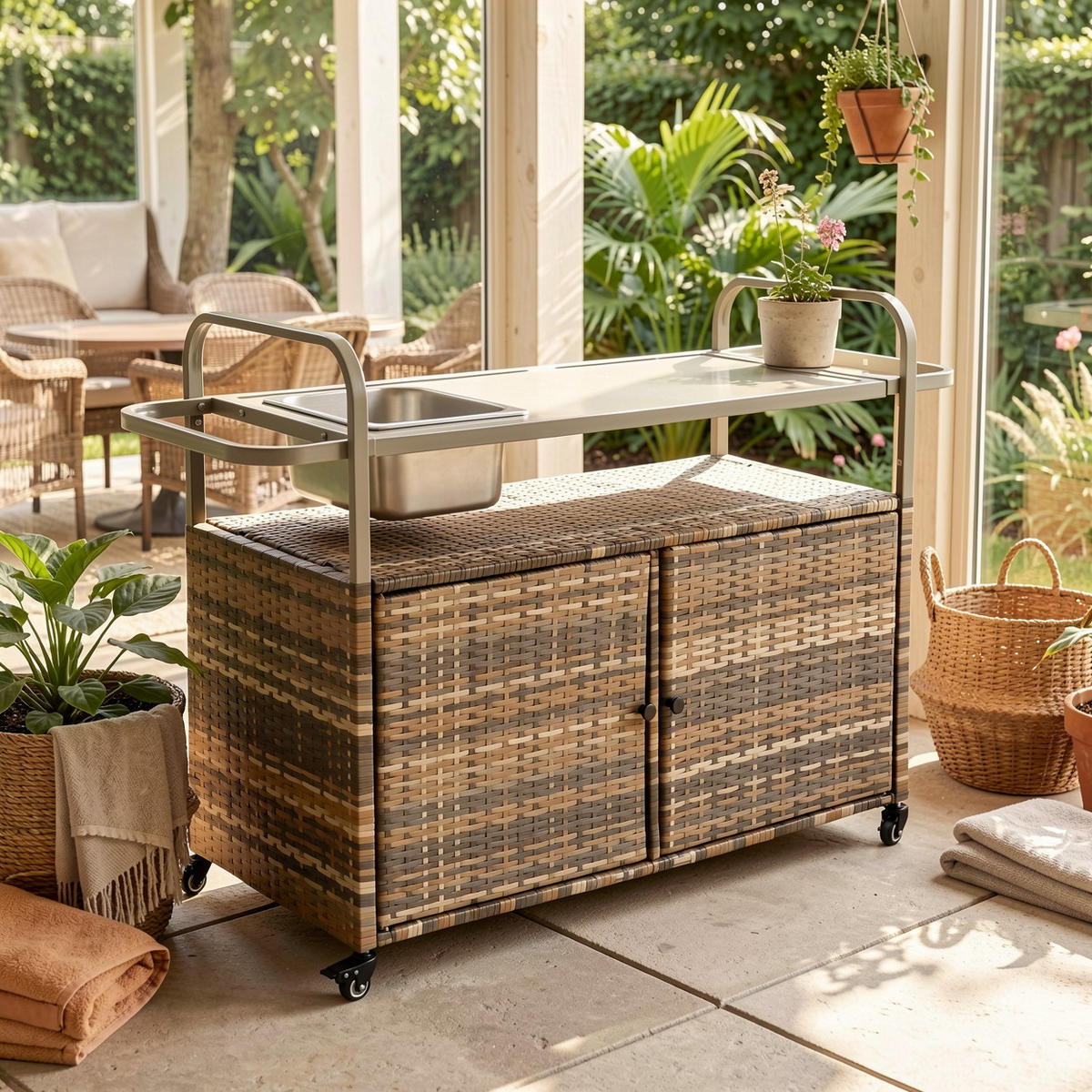 OUTDOOR-BARWAGEN 131 cm Beige Stahl & Rattan – Servierwagen mit Eisbehälter, Schrank & Lenkrollen - Beige, Metall (131/91/50cm) - Urban Meuble