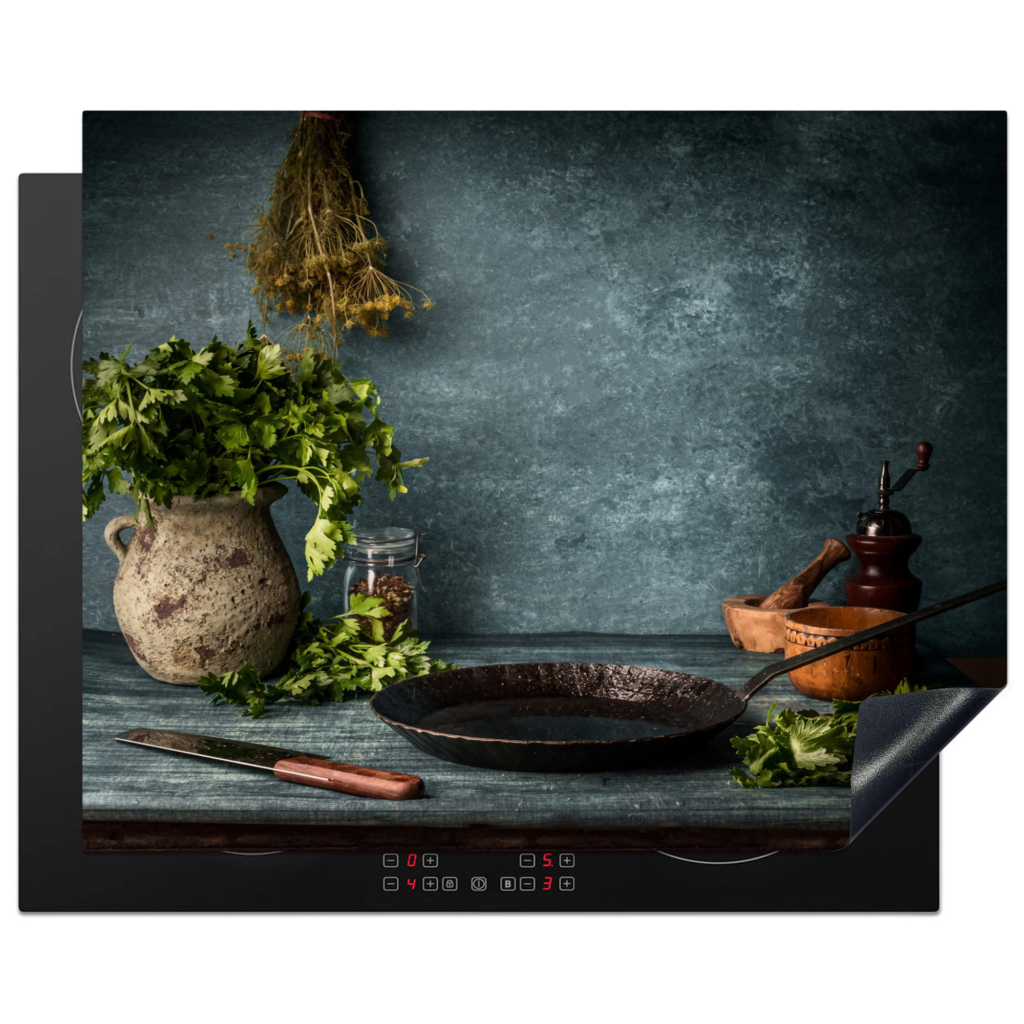 MuchoWow KRYT NA INDUKČNÍ DESKU Bylinky - Koření - Pánev - Nůž - Šedý - Rustikální 65x52 cm