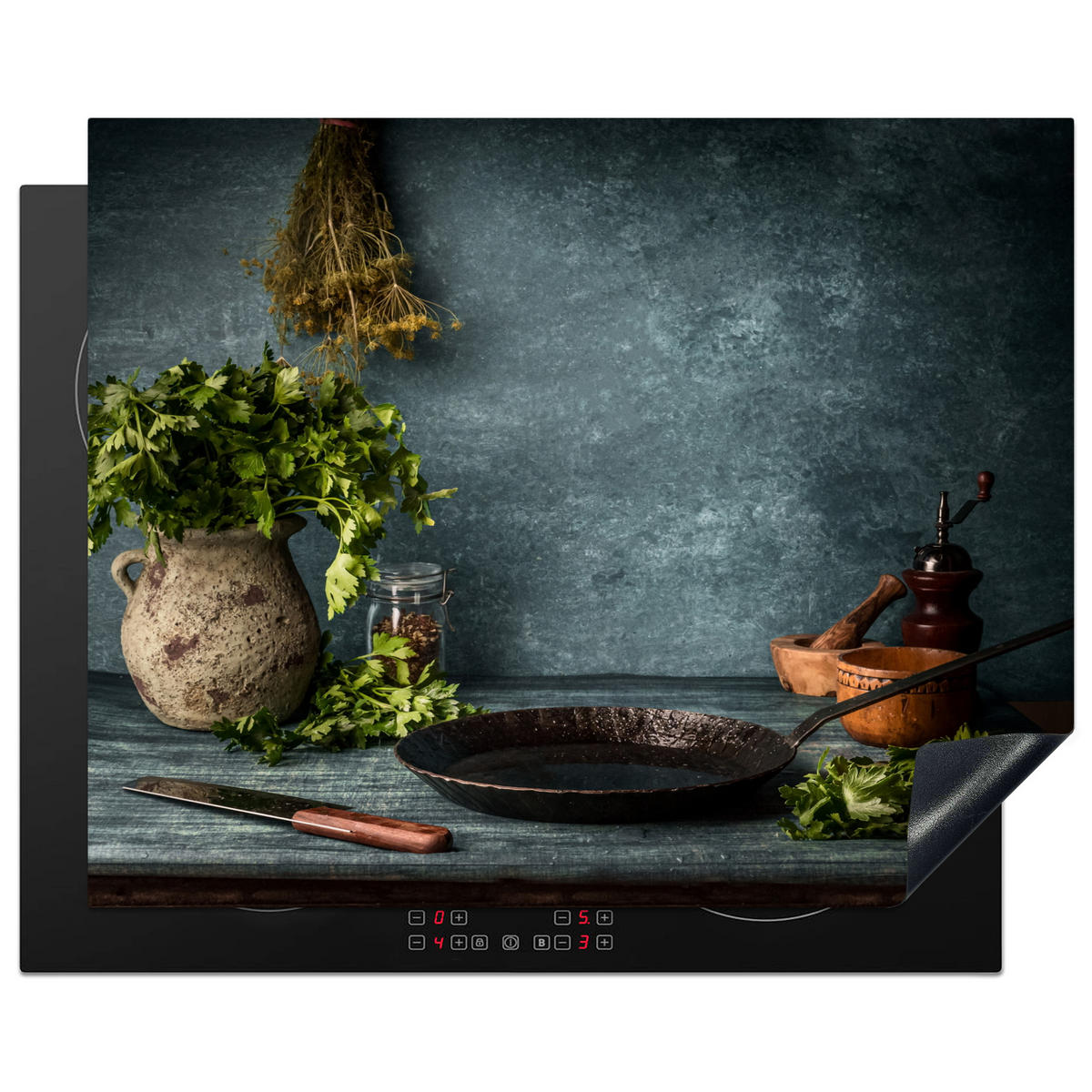 HERDABDECKPLATTE Kräuter - Gewürze - Pfanne - Messer - Grau - Rustikal 65x52 cm - Petrol, Kunststoff (65/0.2/52cm) - MuchoWow
