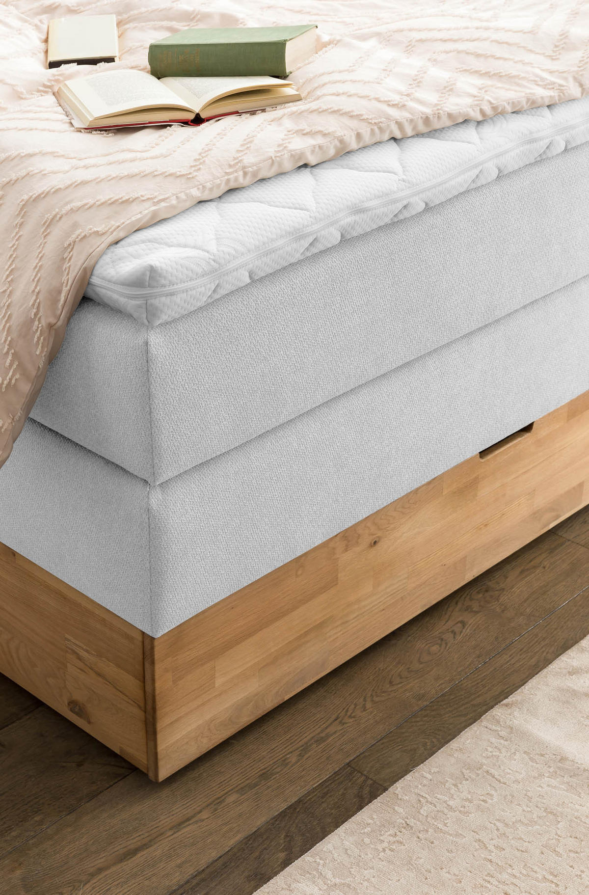 BOXSPRINGBETT MARBO 140x200 Weissgrau H2 und H3 mit Bettkasten 7-Zonen Taschenfederkern Matratze inkl. Visco Topper und Eiche - Weiß, Textil (140/200cm) - Belanoti
