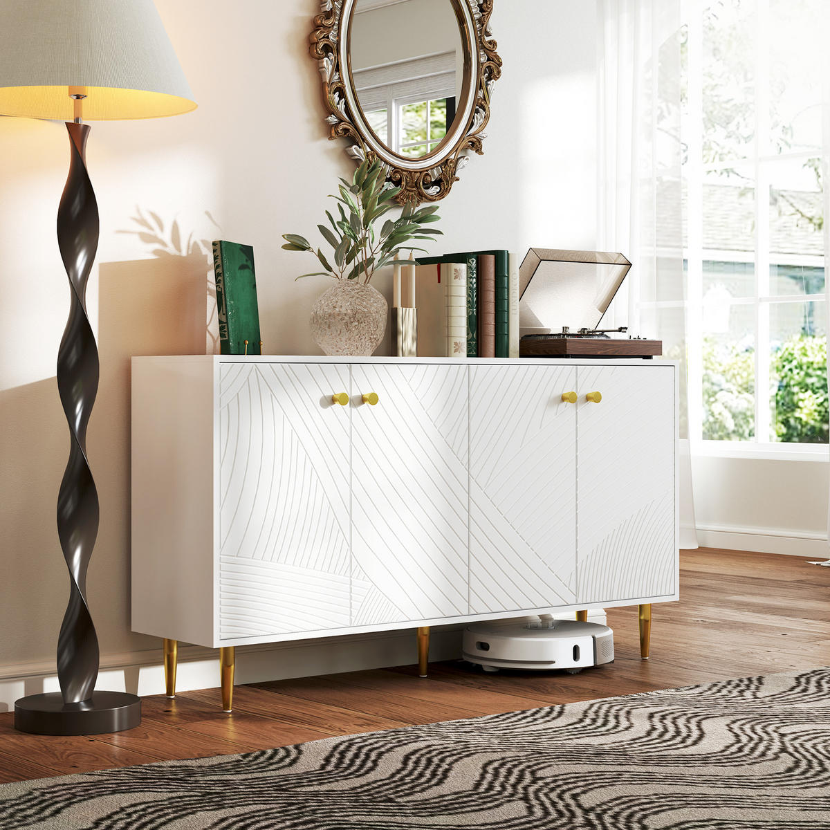 SIDEBOARD DE-11145 Mit verstellbaren Böden & Goldakzenten Weiß - Weiß, Holzwerkstoff (140/77.5/35cm) - ComfortXL