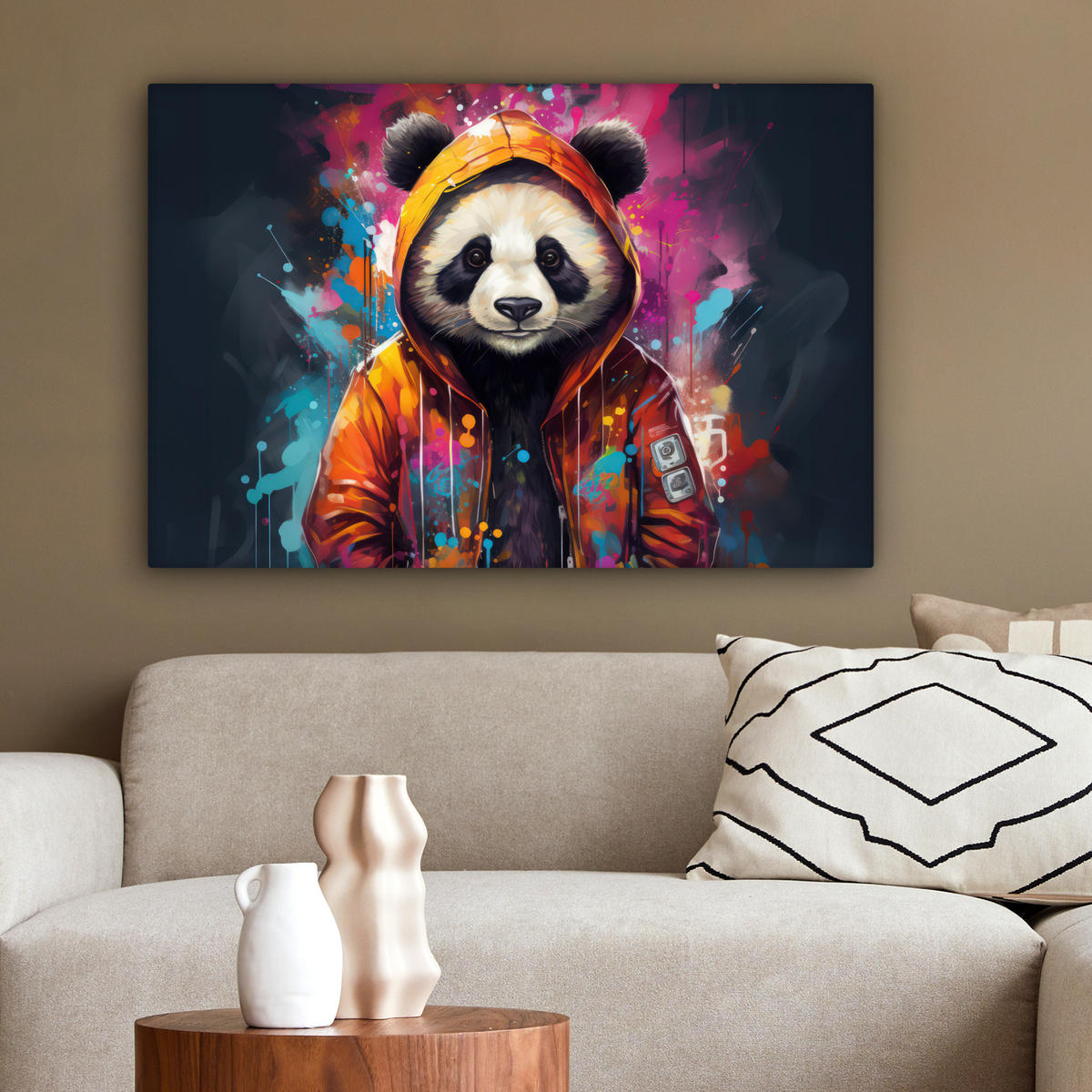 LEINWANDBILD Panda - Jacke - Graffiti - Orange 90x60 cm - Orange, Textil (90/60cm) - MuchoWow