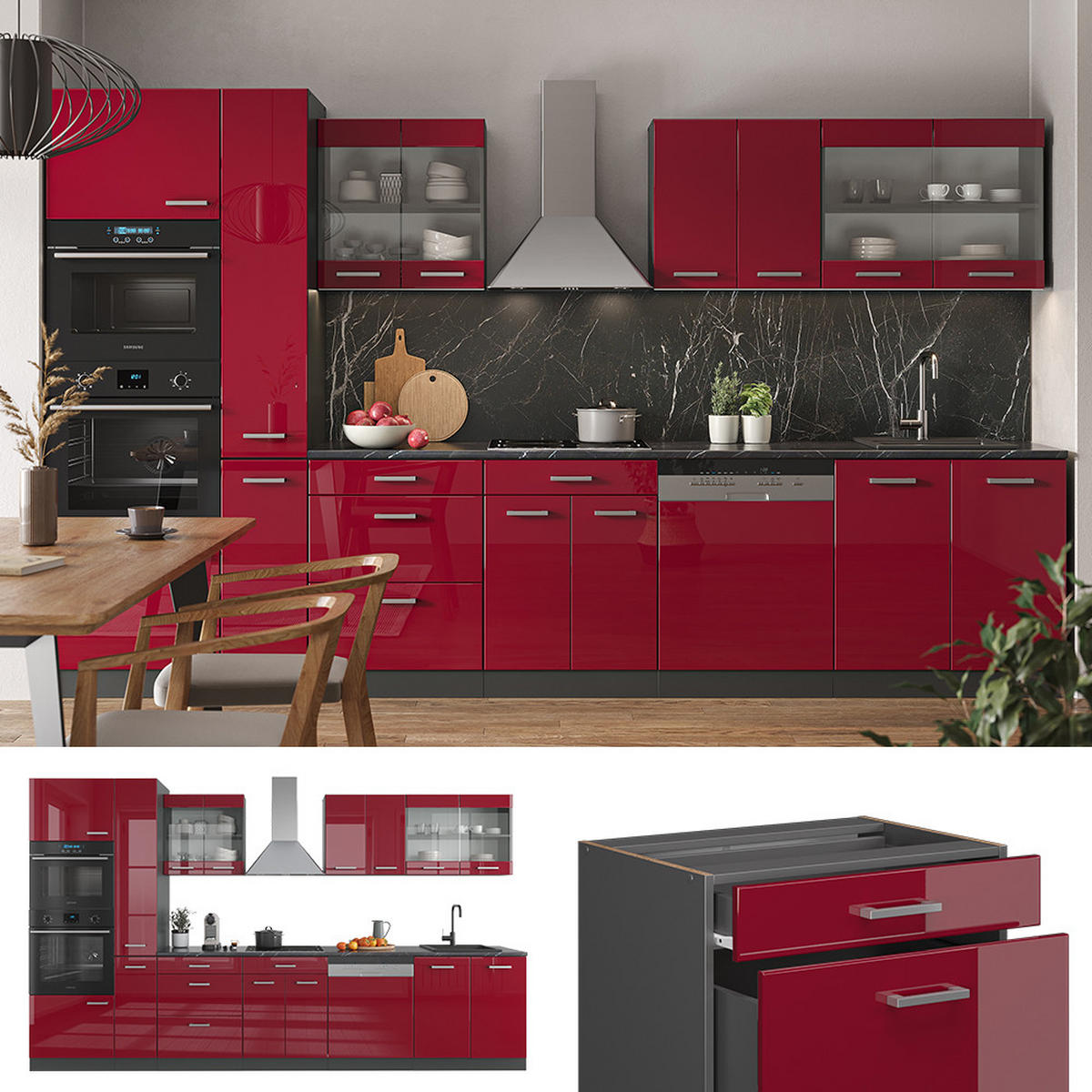 KÜCHENZEILE R-Line Rot Hochglanz/Anthrazit 350 cm mit Hochschrank, ohne Arbeitsplatte - Anthrazit/Rot, Holzwerkstoff (350/81.6/46cm) - Vicco