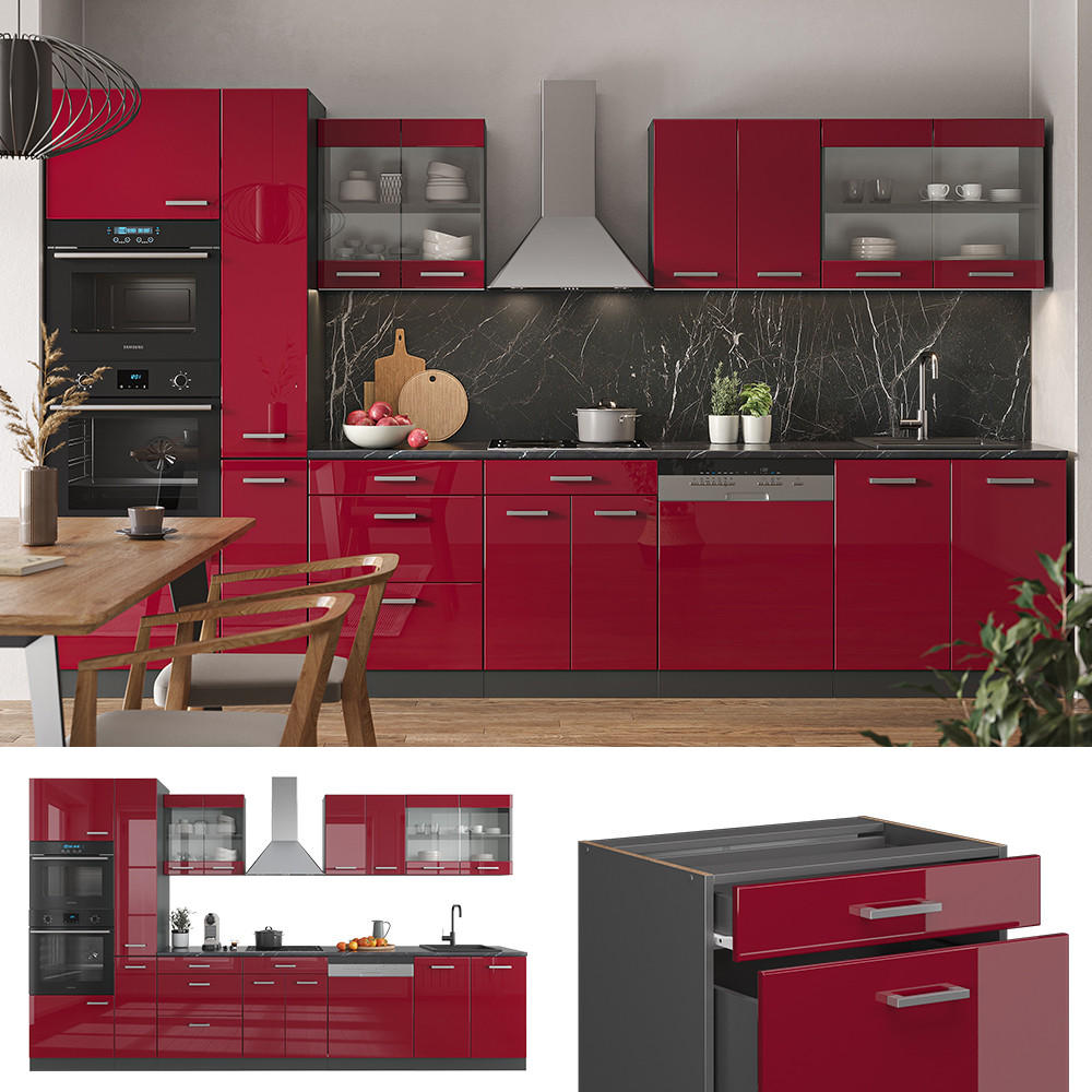 Thumbnail - Vicco Küchenzeile, Rot, Anthrazit, Holzwerkstoff, Küchenblock,Rechteckig, 350x81.6x46 cm, Küchen, Küchenzeilen & Küchenb...