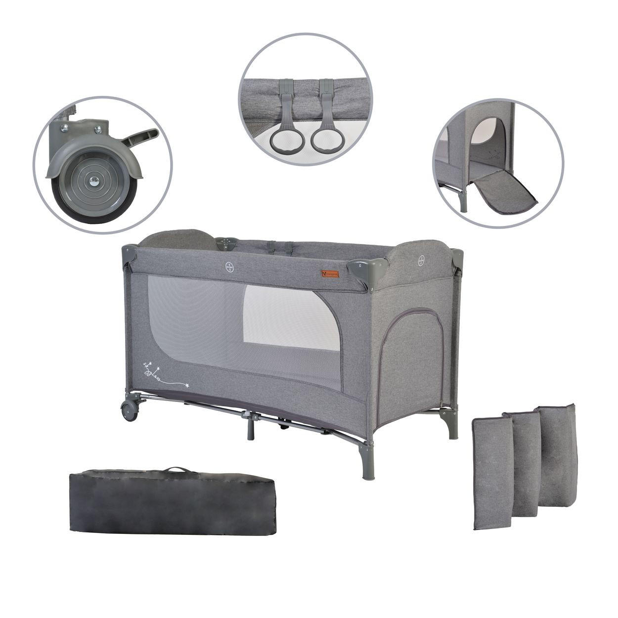 REISEBETT LAUFSTALL Skyglow grau 2 Räder mit Bremsen Matratze Seiteneingang - Grau, Kunststoff (60/120cm) - Cangaroo