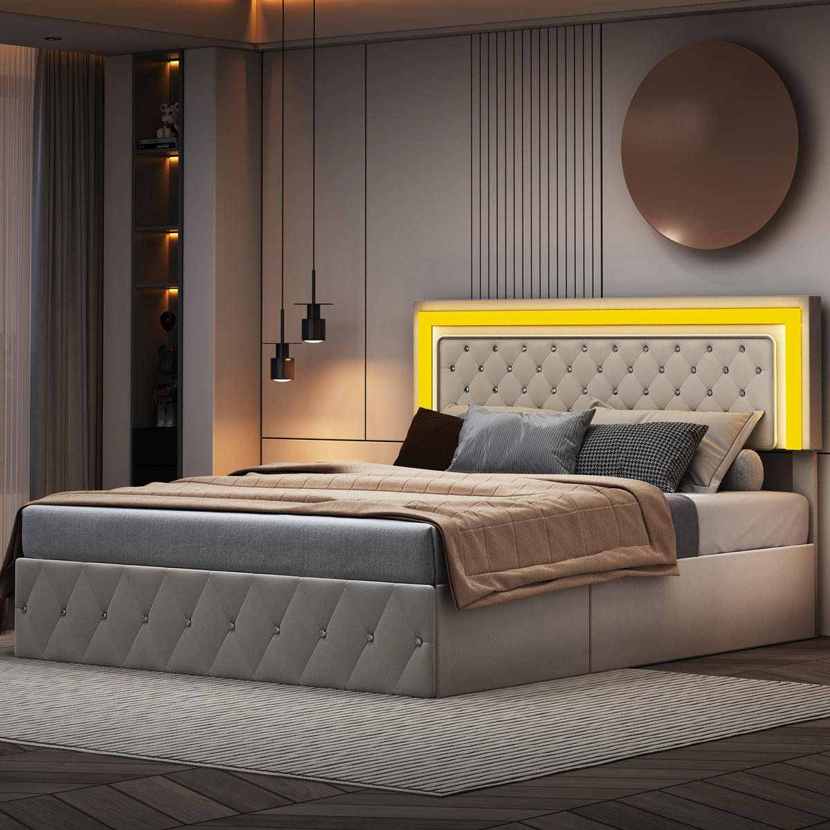 POLSTERBETT 160x200 cm, Beige, LED-Beleuchtung - Beige, Textil/Metall (160/200cm)