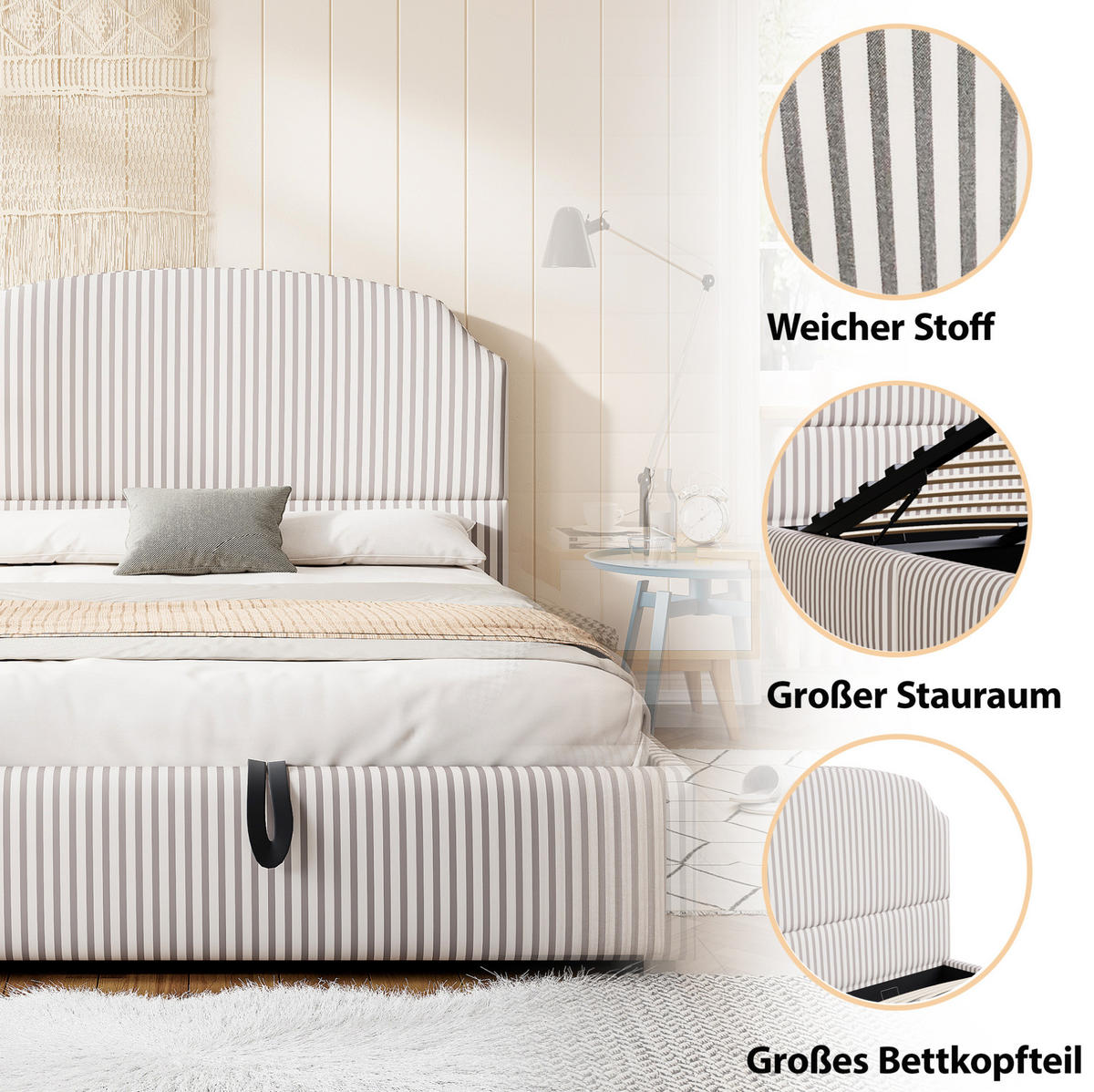 POLSTERBETT 140/200 cm Weiß Anthrazit mit hydraulischem Stauraum und Streifenstoff - Weiß, Textil (140/200cm) - OKWISH