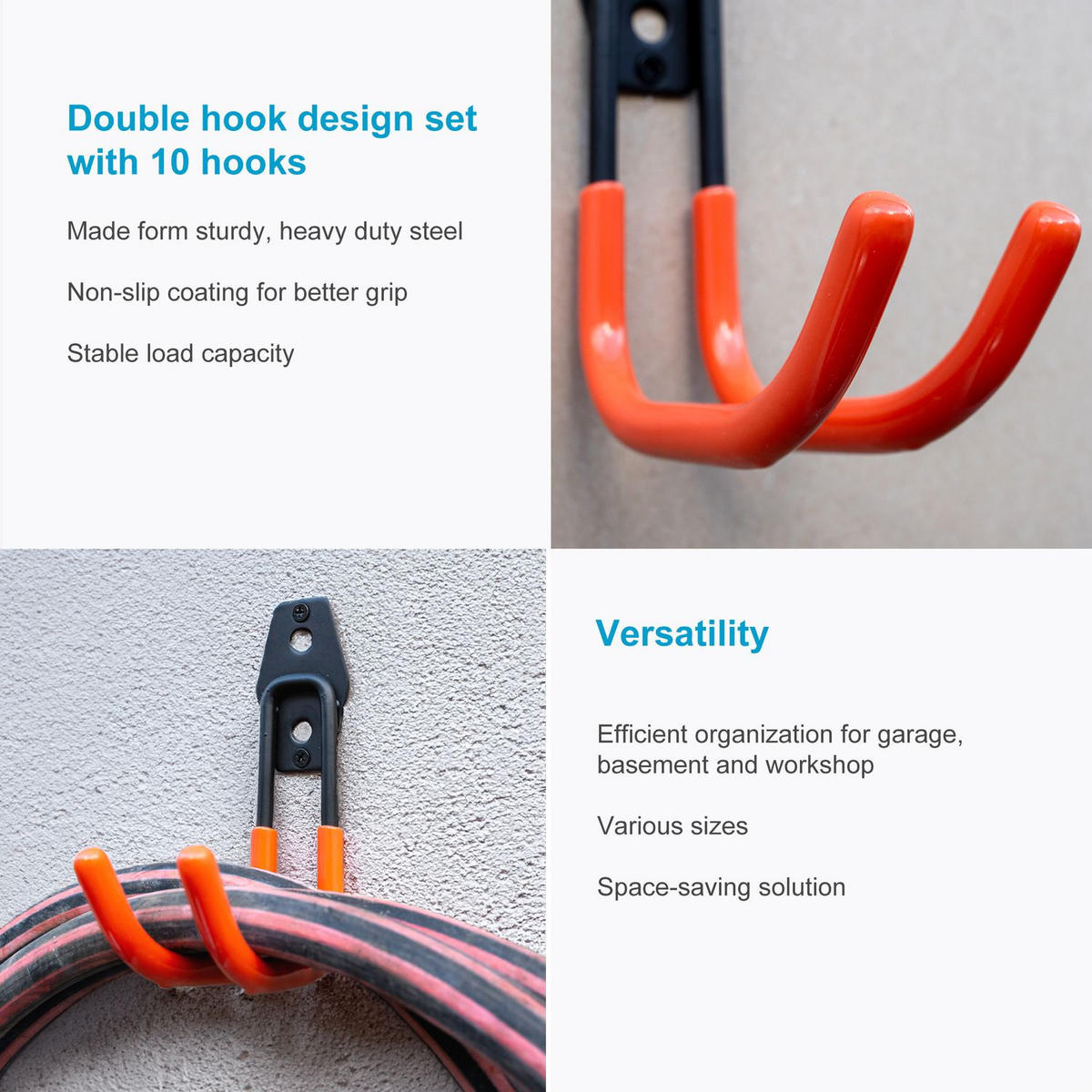 WANDHAKEN für Garage (10er-Set) - Orange, Metall (4.5/16/20cm) - Intirilife