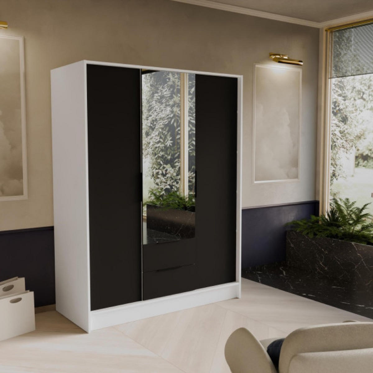 SCHRANK Weiß Nikola Mit Spiegel Und Verstellbaren Regalen 150 cm - Transparent/Schwarz, Holzwerkstoff (150.5/200/51cm) - Sepro Meble
