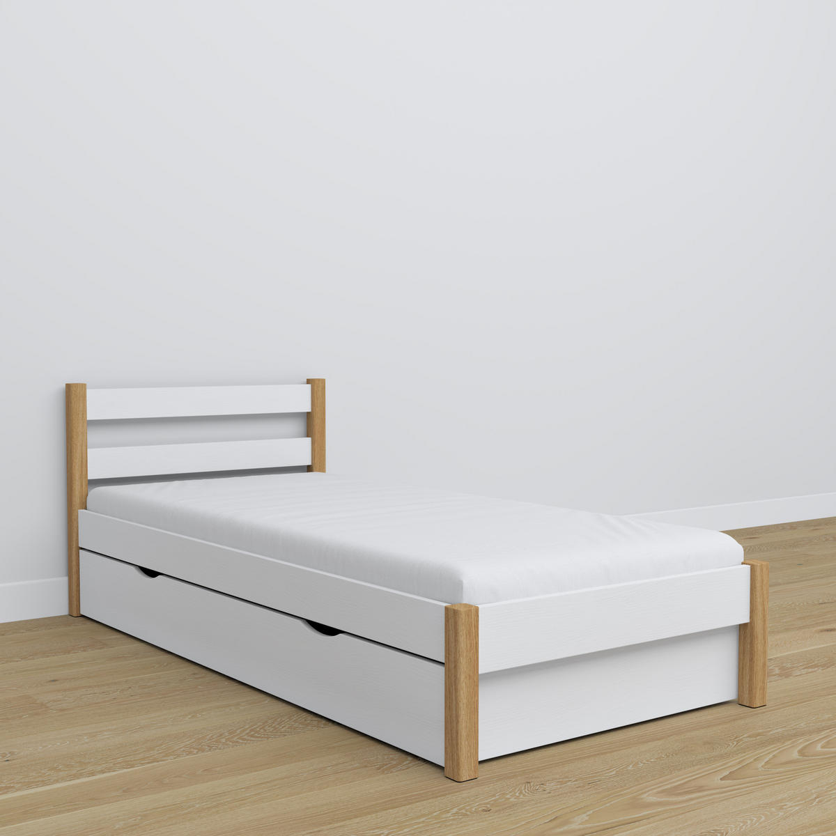 BETT mit Schublade N01 Weiß / Eiche Natur 120/200 - Eiche Artisan/Weiß, Naturmaterialien/Holz (120/200cm) - N-Wood