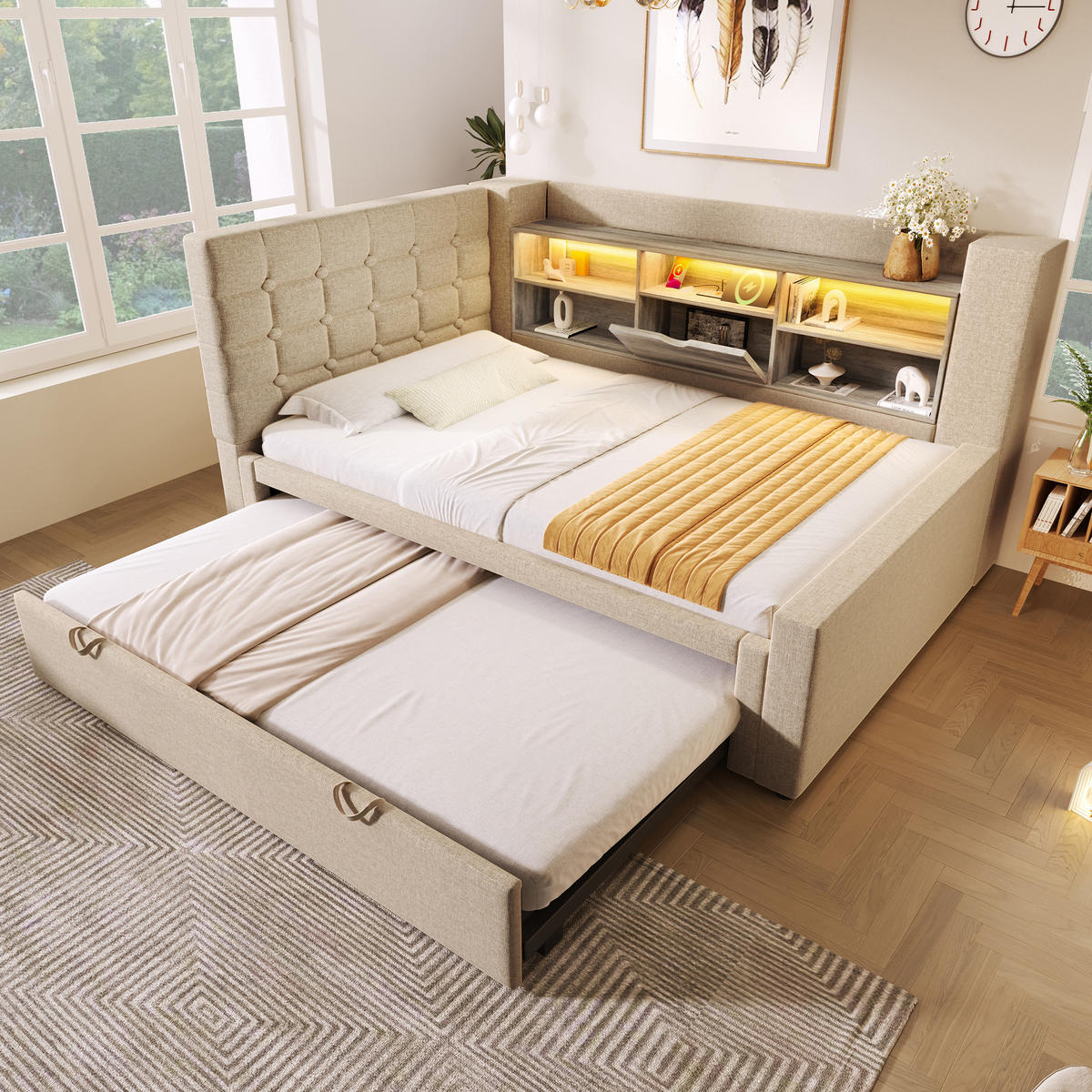 POLSTERBETT 90/200 cm aus Leinen mit Ausziehbett 90/190 cm, LED, USB-C, Stauraum und L-förmigem Kopfteil, Beige - Beige, Textil (90/200cm) - Redom