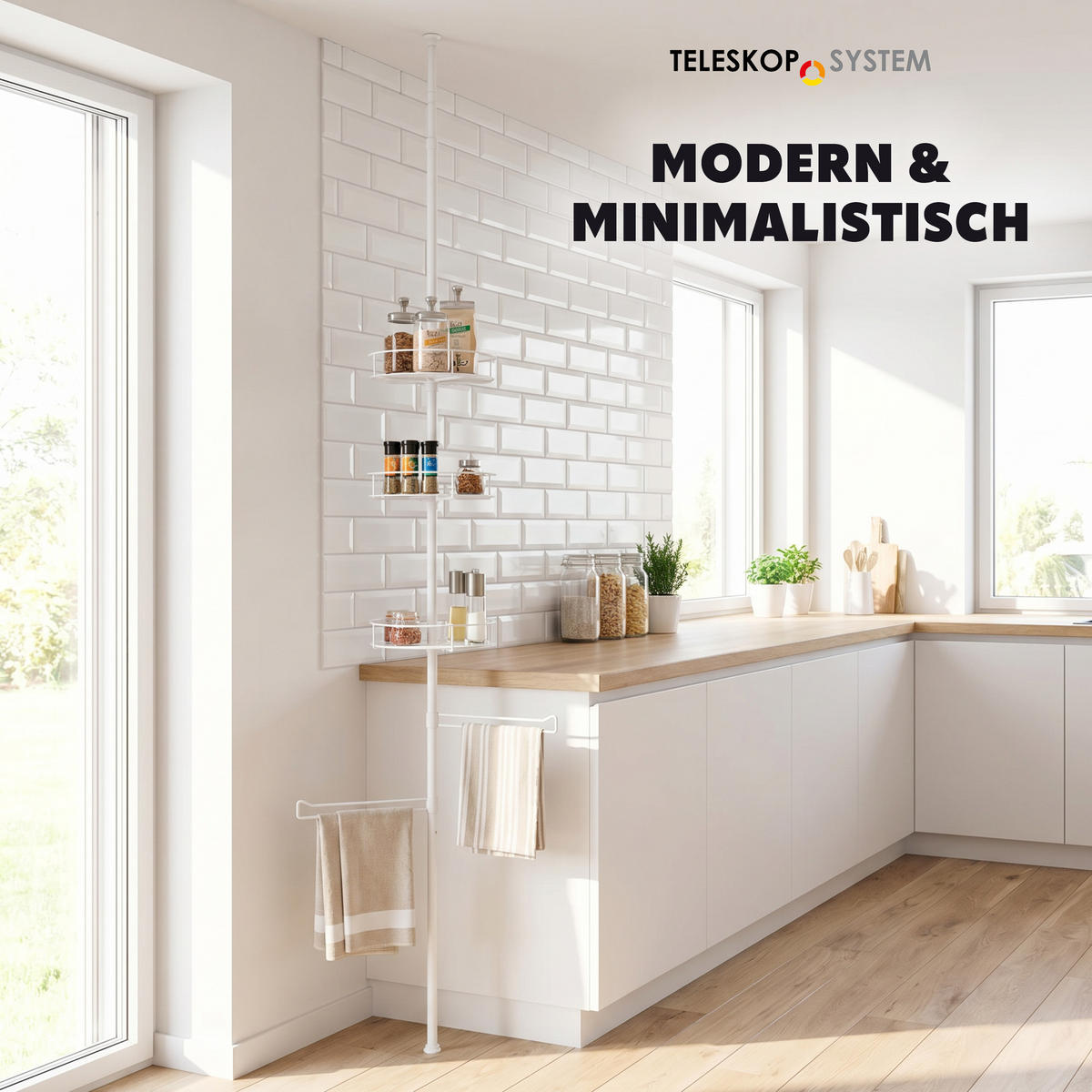 TELESKOP-KÜCHENREGAL, ausziehbar bis max. 290 cm, Metall, weiß - Weiß, Metall (31.5/290/31.5cm) - bremermann