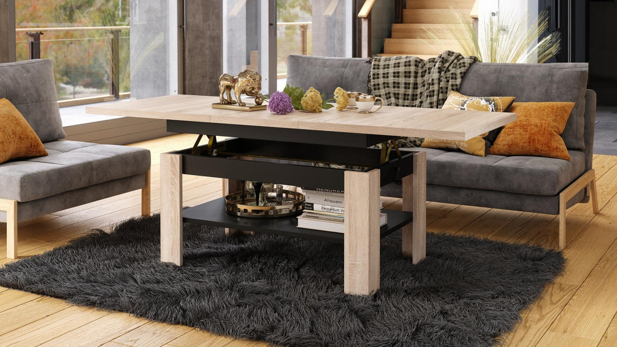 COUCHTISCH rechteckig Sonoma Eiche - Schwarz ausziehbar höhenverstellbar - Schwarz/Sonoma Eiche, Holzwerkstoff (65/130/58cm) - designimpex