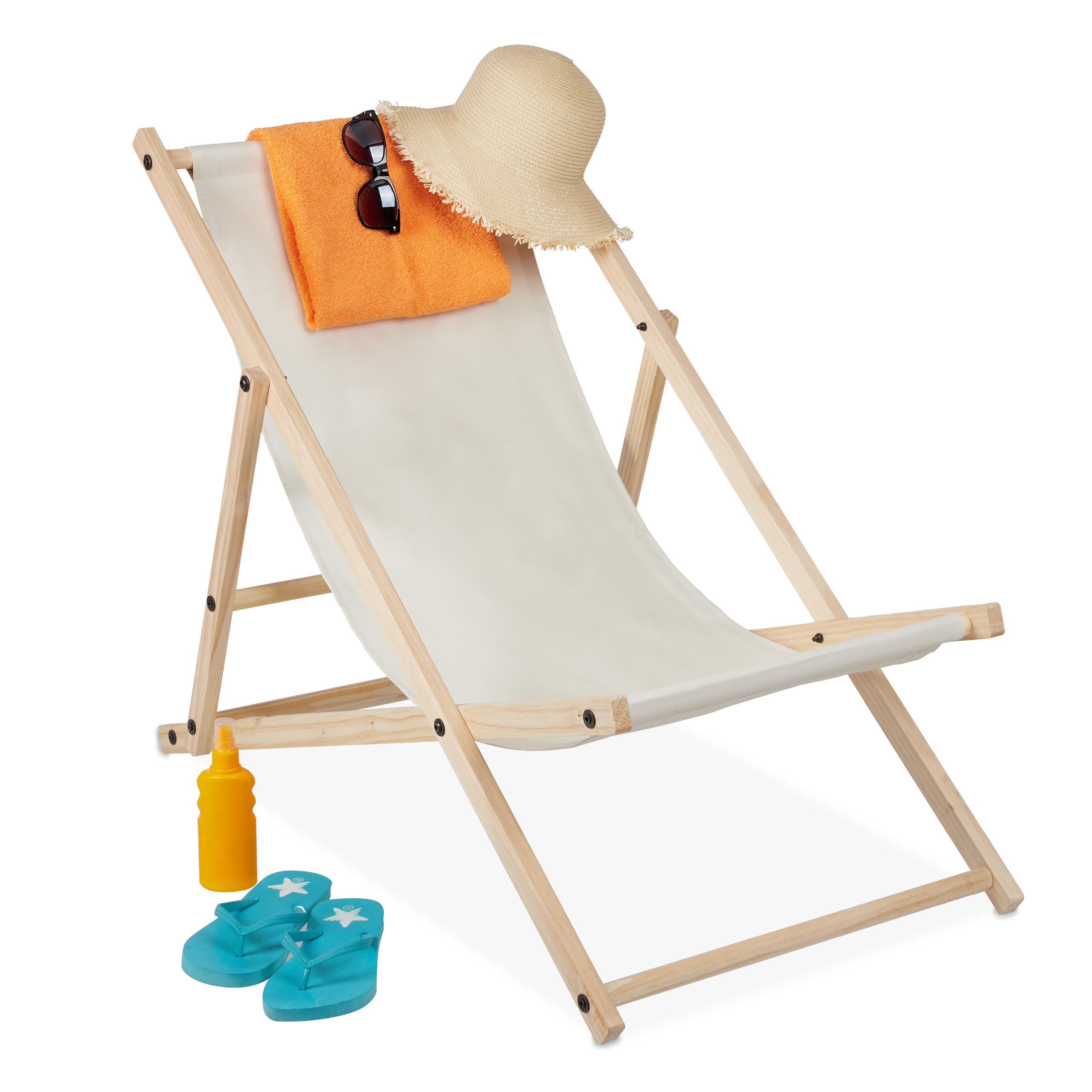 LIEGESTUHL - Creme, Holz/Textil (56/82/93.5cm) - Relaxdays