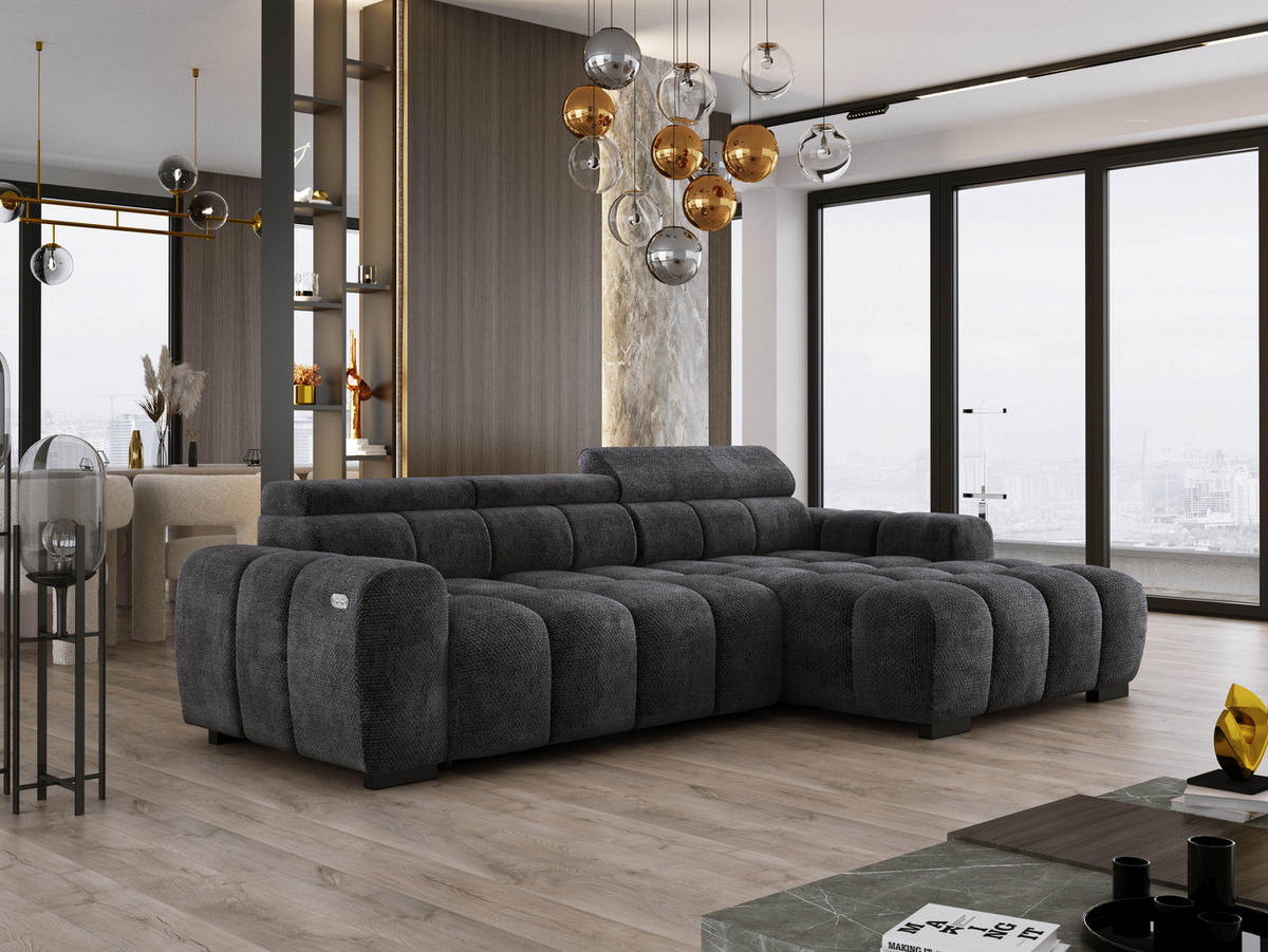 ECKSOFA OMBO 285x168x77/97 cm, Rechts, Schlaffunktion, elektr. Sitz, Kopfstützen, hydrophober EDEN-Stoff – Schwarz - Schwarz, Holz/Textil (285/168cm) - DomoHome