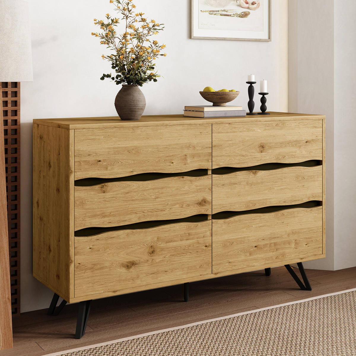 SIDEBOARD mit 6 Schubladen, Holzoptik mit wellenförmigen Fronten und schwarzen Metallfüßen, 120/40/75,5 cm,Naturfarben - Naturfarben, Holzwerkstoff (120/75.5/40cm) - Redom