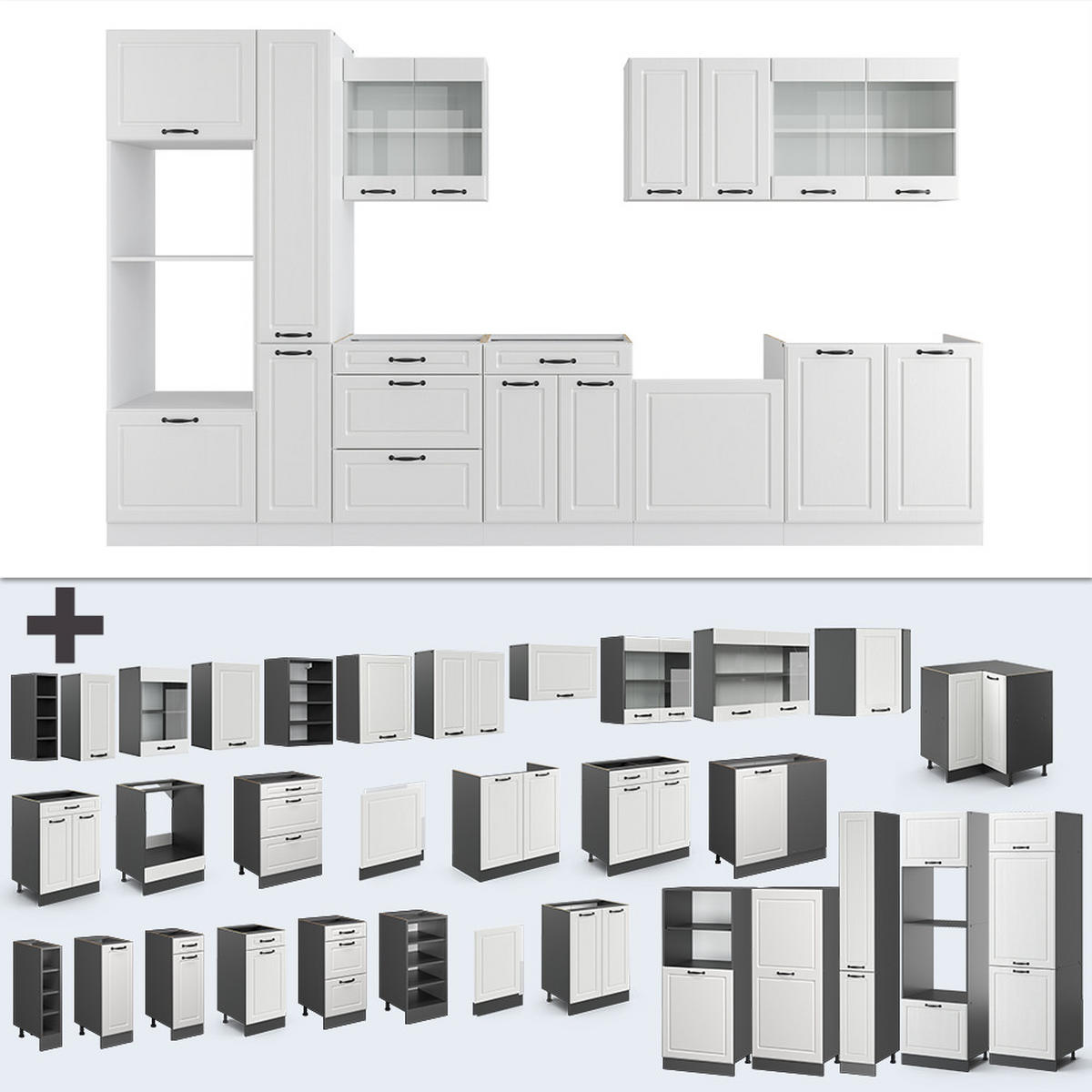 KÜCHENZEILE R-Line Weiß Landhaus/Weiß 350 cm mit Hochschrank, ohne AP - Creme/Weiß, Holzwerkstoff (350/81.6/46cm) - Vicco
