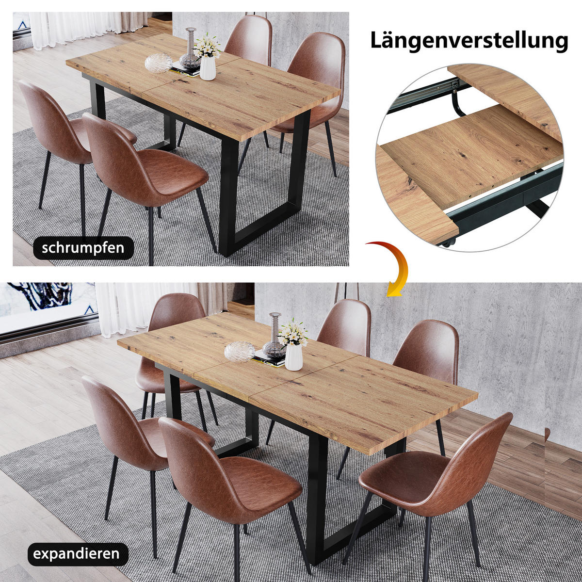 ESSTISCH Erweiterbar Eicheoptik schwarz - Eichefarben, Holz/Metall (180/80/75cm) - Urban Meuble