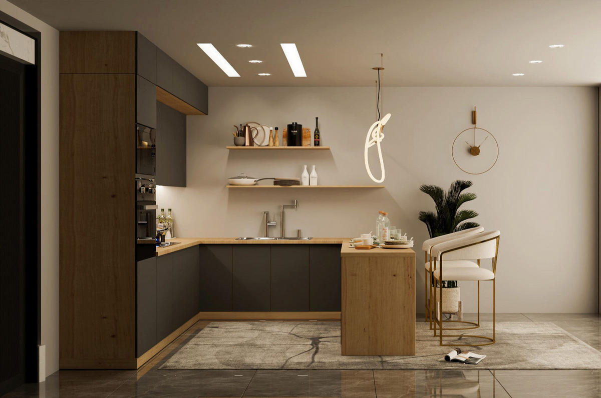 WINKELKÜCHE – Küchenzeile 310 x 260 x 250 cm VELORA – KU-S47 – Grau - Grau, Holzwerkstoff (310/248/260cm) - hi-markt