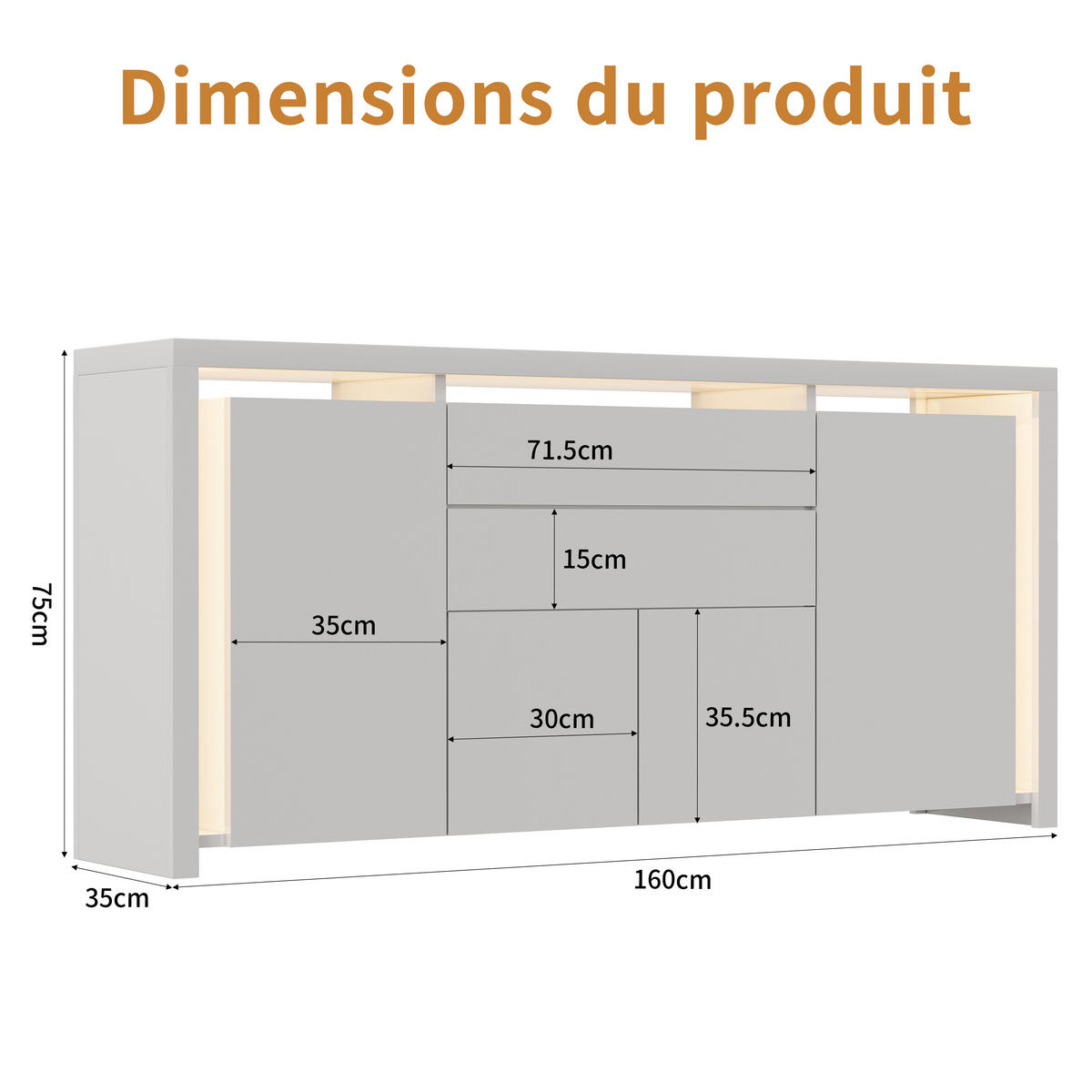 SIDEBOARD 160x35x75 cm 2 Schubladen 4 Türen LED weiß - Weiß, Holz (160/75/35cm) - LEBENLANG