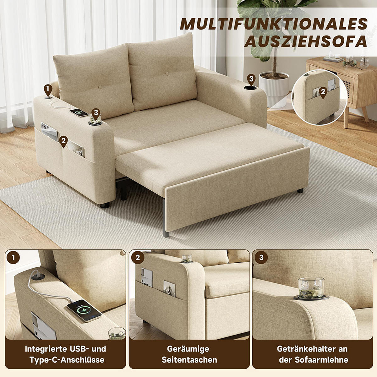 KLAPP-DOPPELSOFA mit Schlaf-Funktion in Beige - Beige, Textil (81/94/131cm) - KOMHTOM