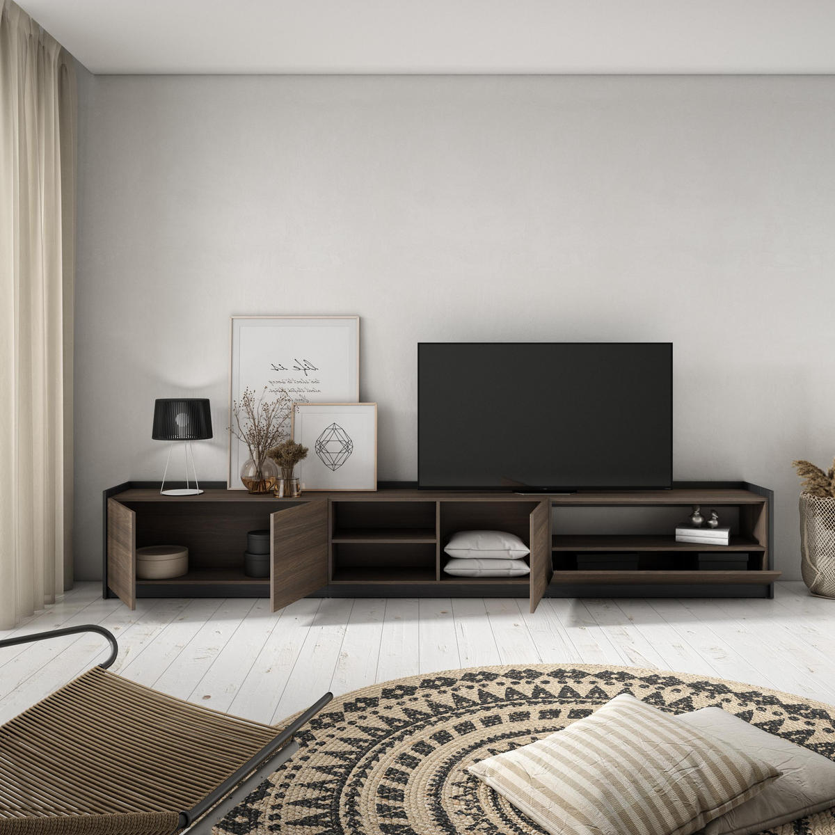 TV-SCHRANK, Lowboard, Dunkler Eiche und Schwarz, 310/37/50cm - Dunkelbraun, Holzwerkstoff (310/50/37cm) - Skraut Home