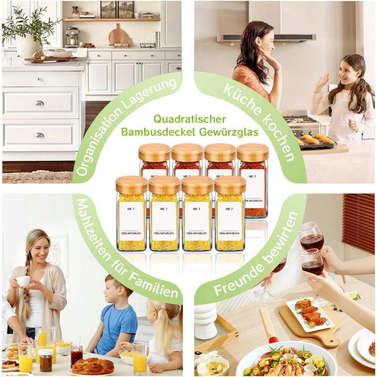 GEWÜRZGLÄSER 12-teiliges Set mit Bambusdeckel 120ml - Multicolor, Glas (4.5/10.5/4.5cm)