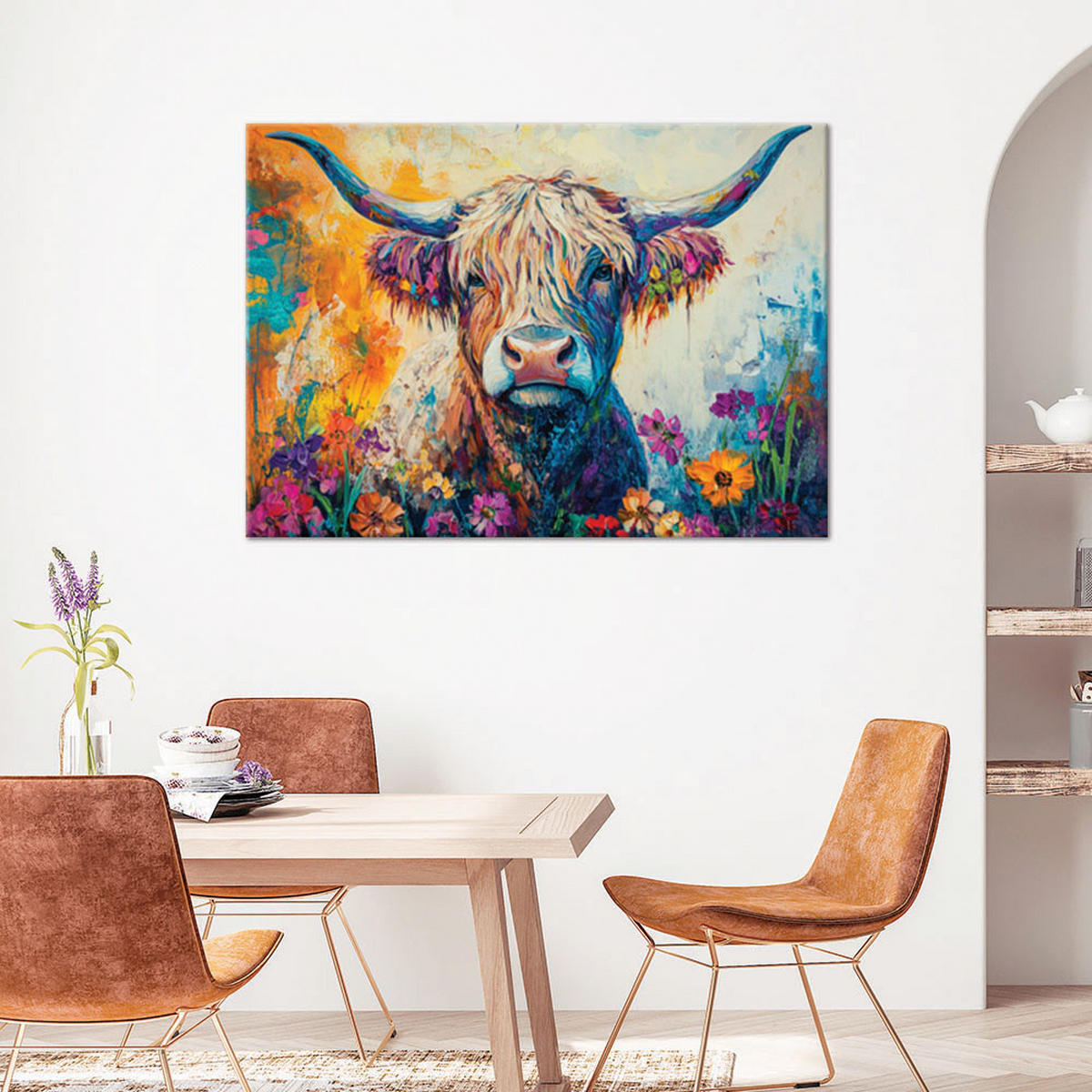 WANDBILD bunte schottische kuh blumen - Multicolor, Textil (60/40cm) - Feeby