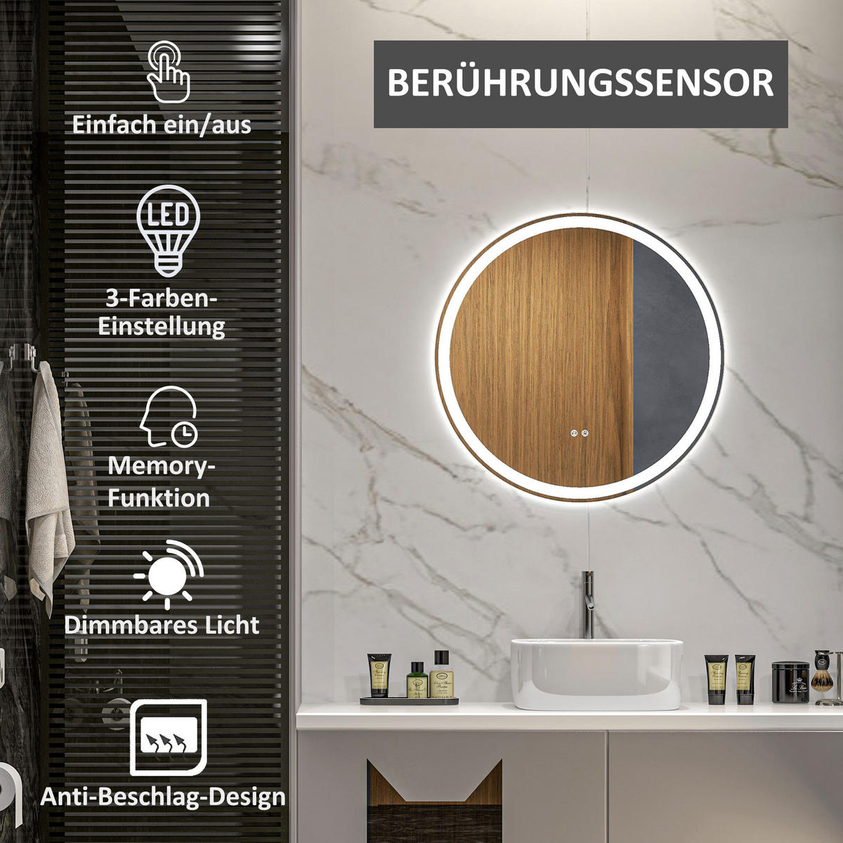 BADEZIMMERSPIEGEL, mit Touch-Funktion, Memory-Funktion, kein Beschlagen - Silberfarben, Glas (3/60/60cm) - Kleankin