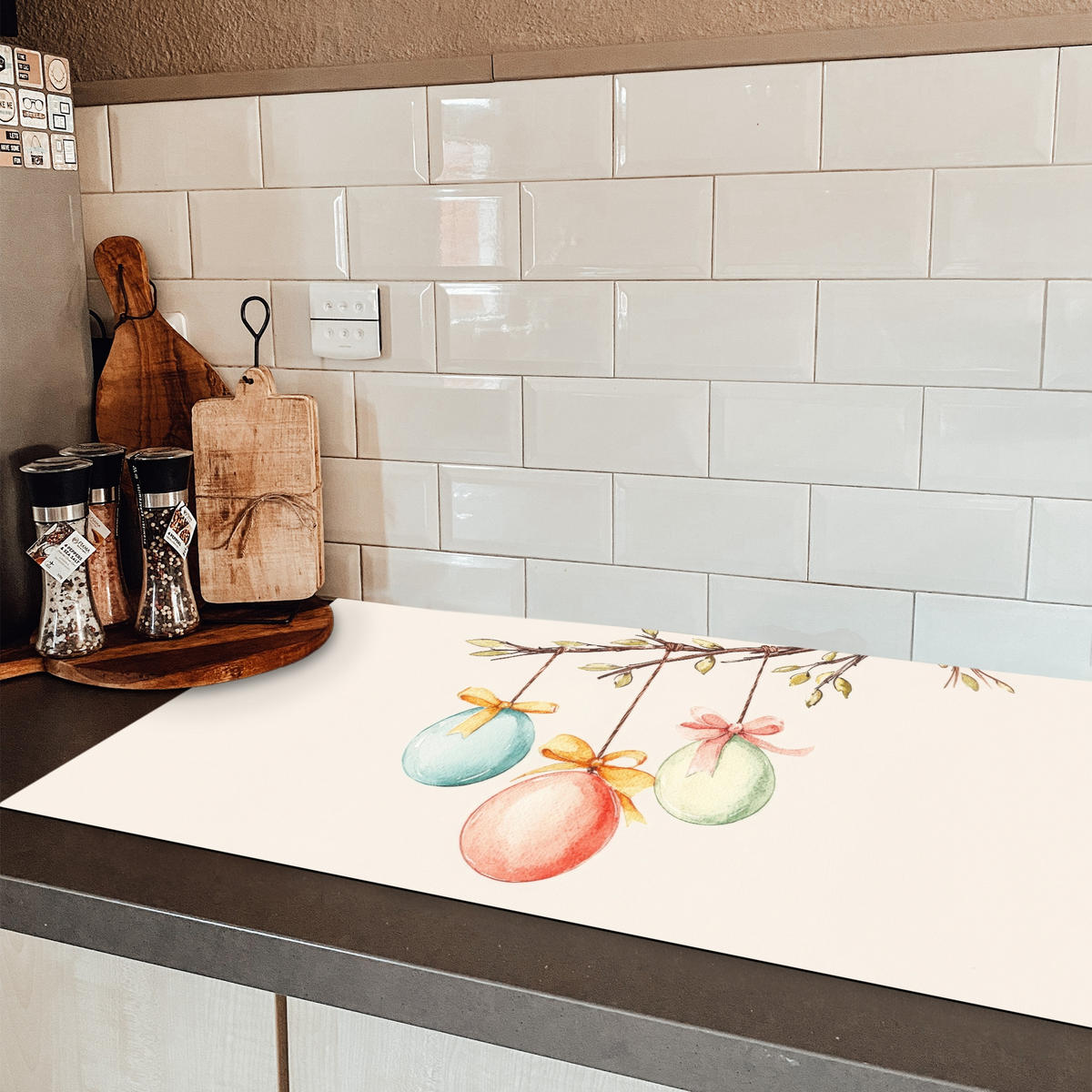 HERDABDECKPLATTE Osterkuchen - Schleife - Eier Ceranfeldabdeckung 90x52 cm - Creme, Kunststoff (90/52/0.2cm) - MuchoWow