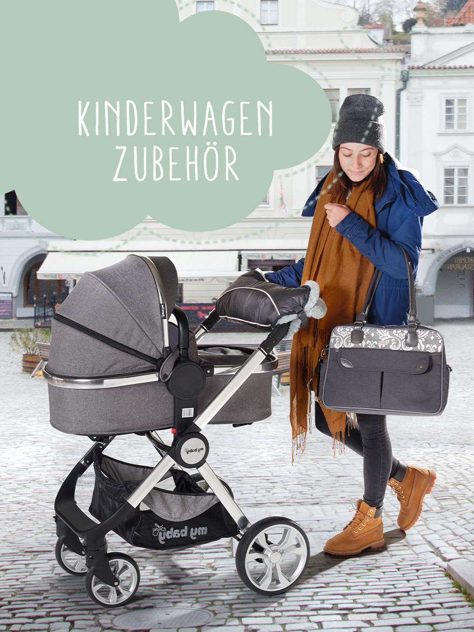 Frau mit Babytasche und Kinderwagen