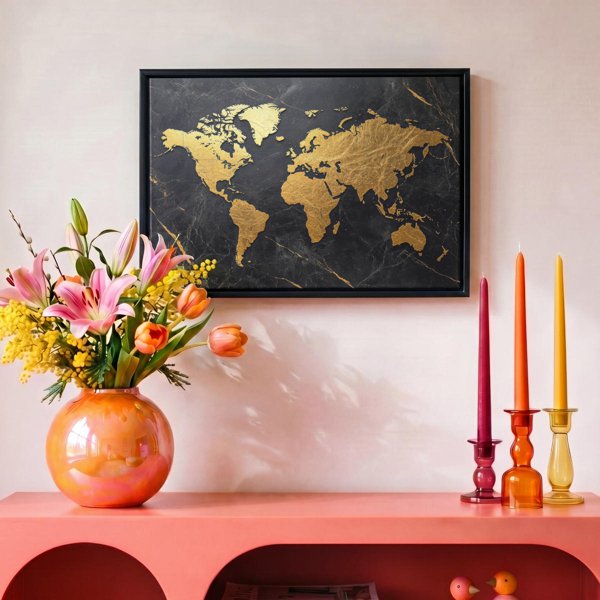 LEINWAND Bilder mit Rahmen - Weltkarte - Gold - Marmor - 30x20 - Goldfarben, Textil (30/20cm) - MuchoWow