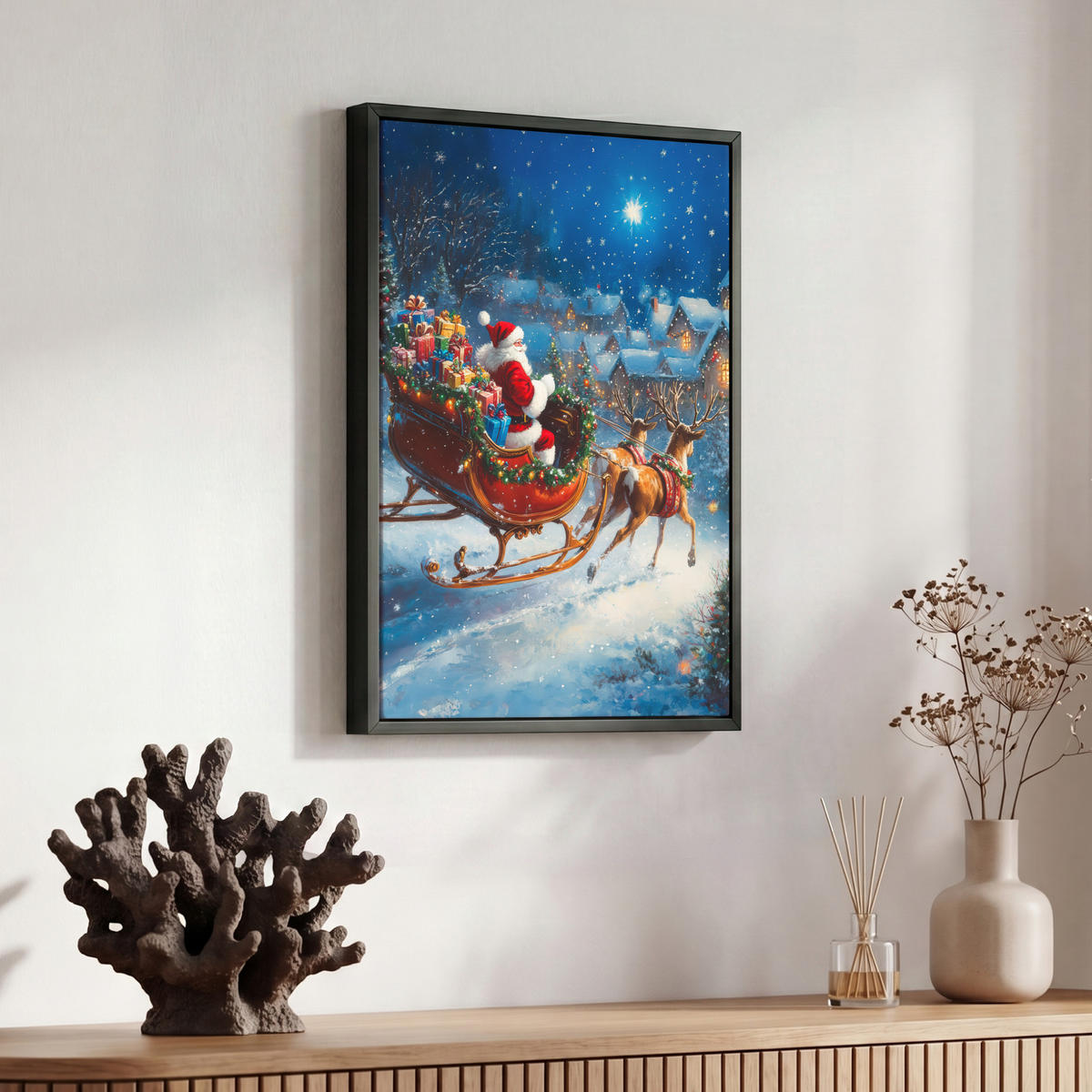 LEINWAND Bilder mit Rahmen - Weihnachtsmann - Rentier - Weihnachten - Schnee - 30x40 - Cognac, Textil (30/40cm) - MuchoWow
