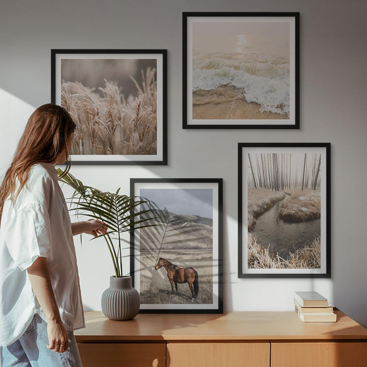 WANDBILDER 4er-Set - 50x50 cm & 40x60 cm Schwarzer Rahmen - Pferdelandschaft Seegraswald - Schwarz, Kunststoff (50/50cm) - ArtPrintCave