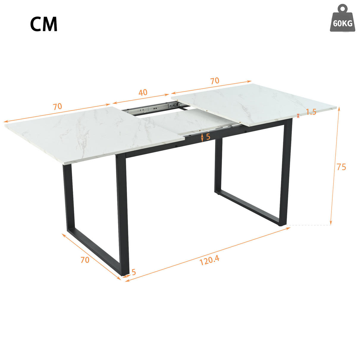AUSZIEHTISCH 140/80/75 cm in Weiß mit Marmoroptik & Metallgestell - Weiß, Holzwerkstoff (180/80/75cm) - BEAOK