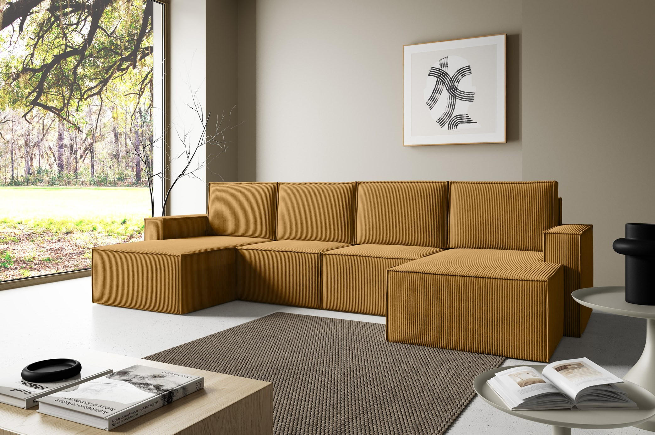 WOHNLANDSHAFT Orto Gelb - Gelb, Holzwerkstoff/Textil (320/93/142cm) - Bettso