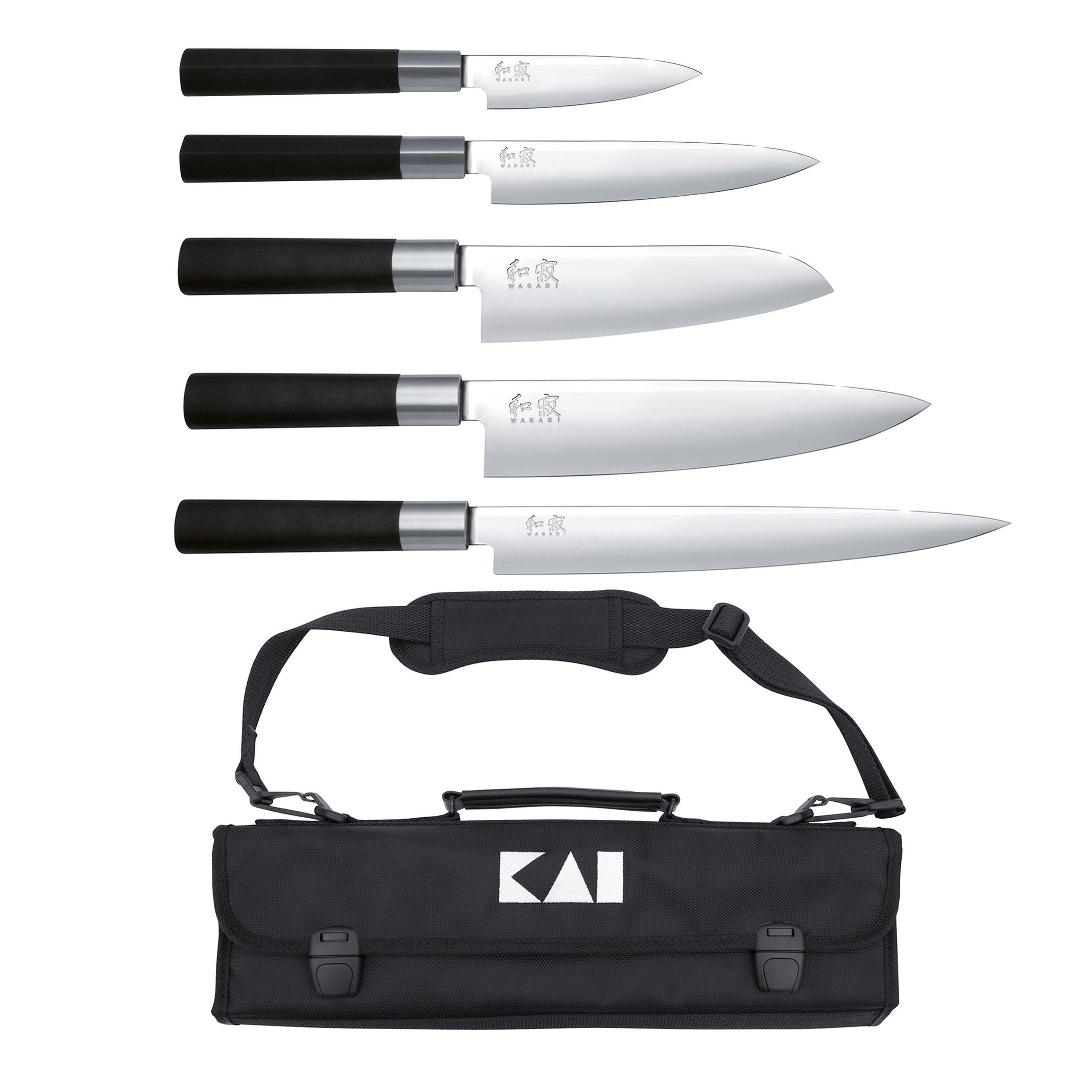 MESSERTASCHE Wasabi Black mit 5 Messer - Silberfarben, Metall - Kai Messer