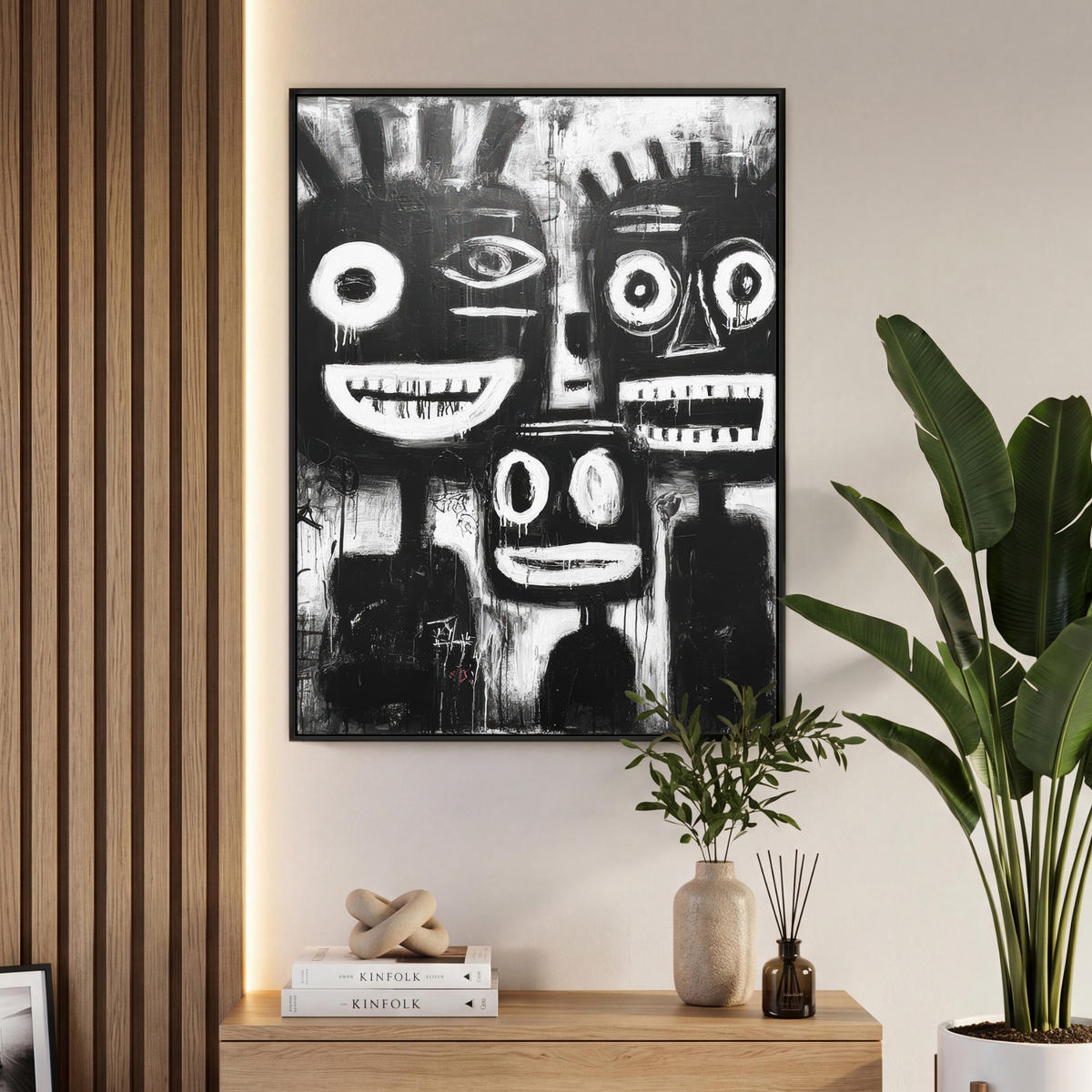 LEINWAND Bilder mit Rahmen - Malerei - Figuren - Schwarz - Abstrakt - 70x100 - Schwarz, Textil (70/100cm) - MuchoWow