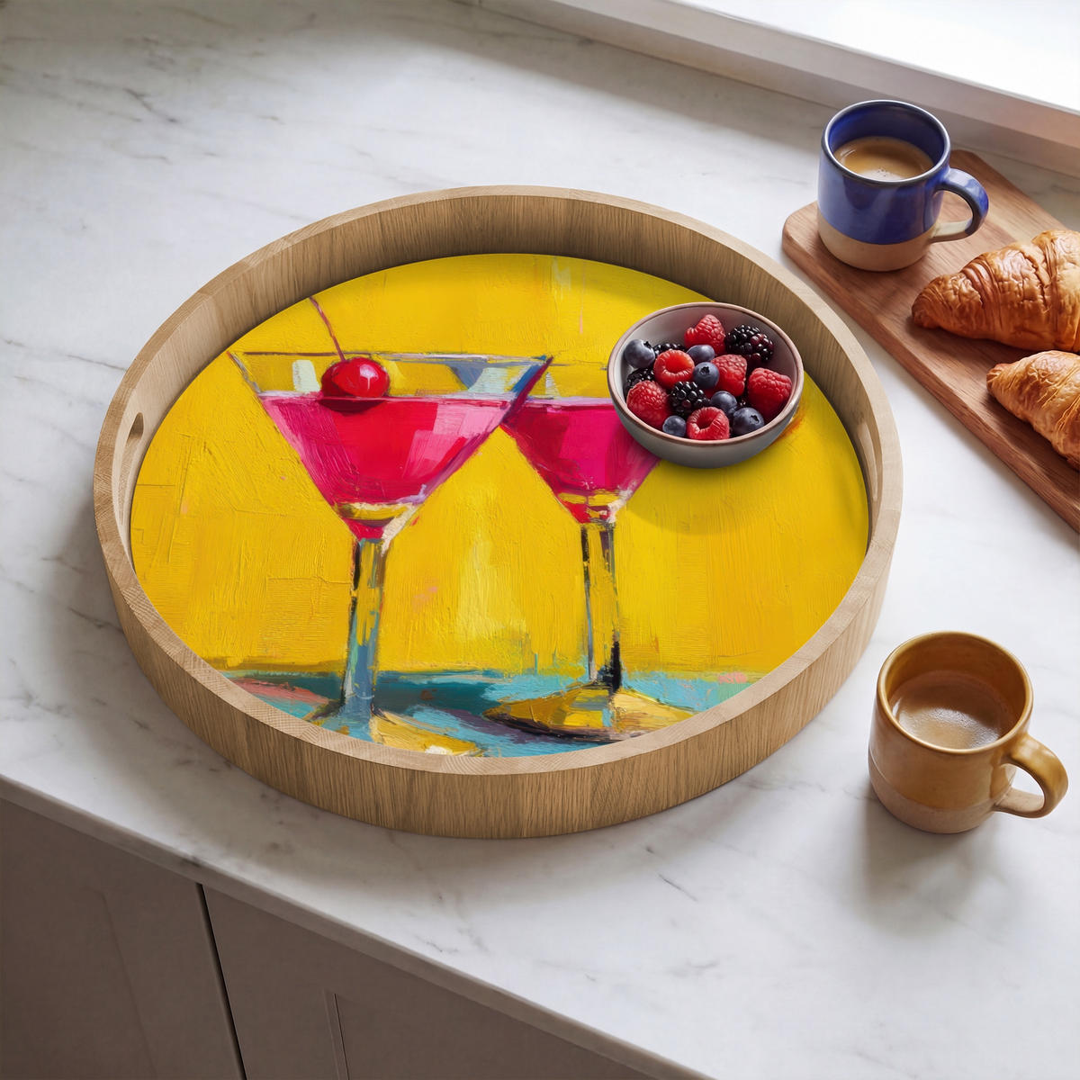 SERVÍROVACÍ PODNOS Sklenice - Koktejl - Citron - Třešeň 50x50 cm - žlutá, dřevo (50/5/5cm) - OnlyWow