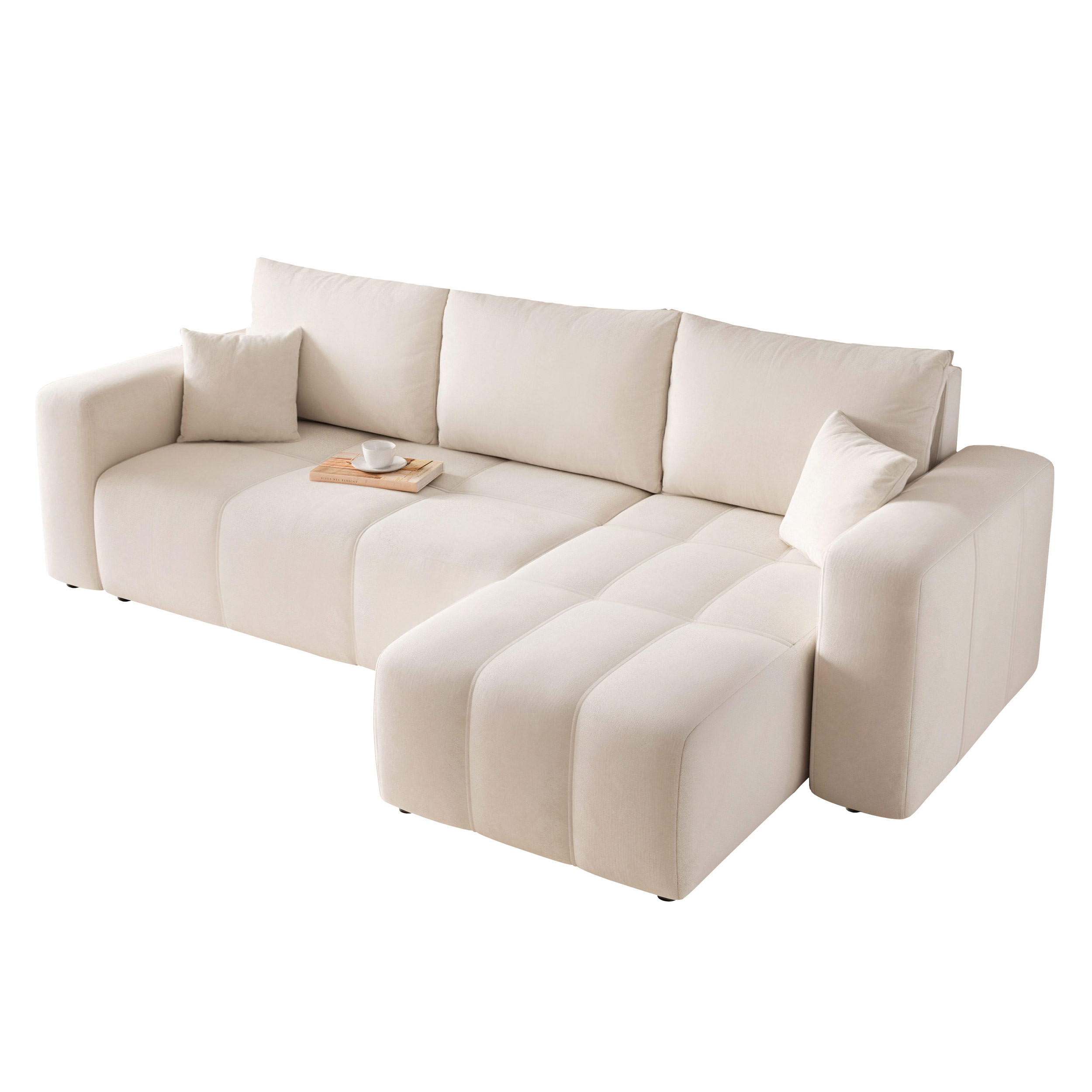 ECKSOFA Creme Velours mit Bettkasten und Schlaffunktion - Creme, Textil (248/145cm) - Idohome
