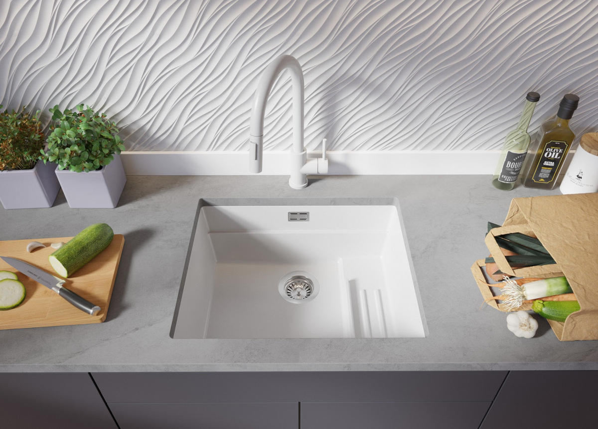 UNTERBAUSPÜLE GRANIT Praga, 2-er set Weiß 56/47 cm 1 Becken + Ablauf-Set + Aufrollbare Abtropffläche ab 60er Unterschrank - Chromfarben/Weiß, Kunststoff (56/20/47cm) - Primagran