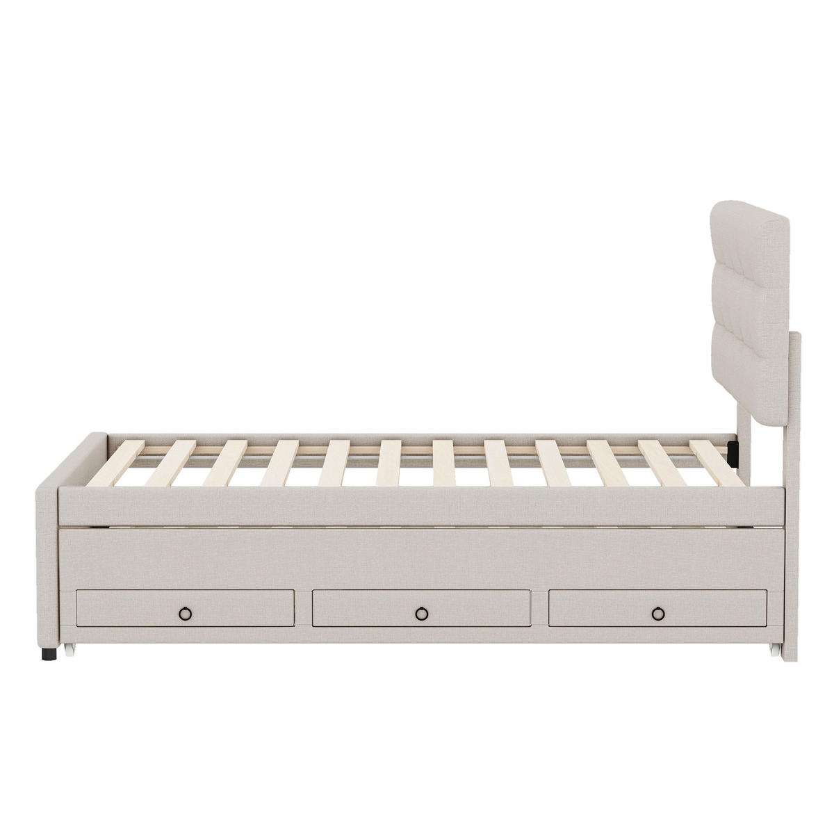 POLSTERBETT 90/200 cm beige mit ausziehbarem Bett und drei Schubladen - Beige, Textil (90/200cm) - OKWISH