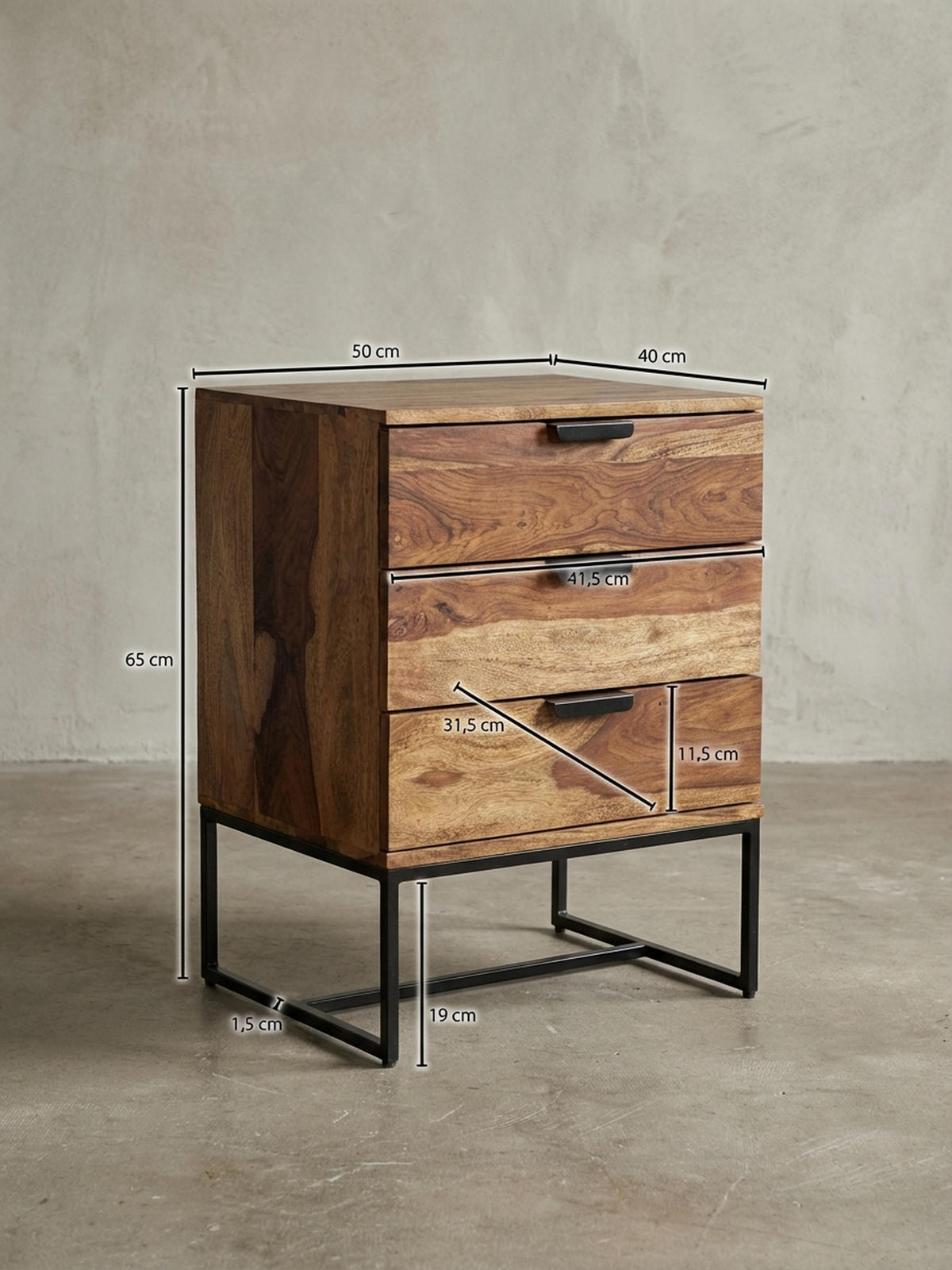 NACHTTISCH – Massivholz/Eisen, 50x40x65 cm, 3 Schubladen, Industrial-Stil - Schwarz/Braun, Holz/Metall (50/65/40cm) - KADIMA DESIGN