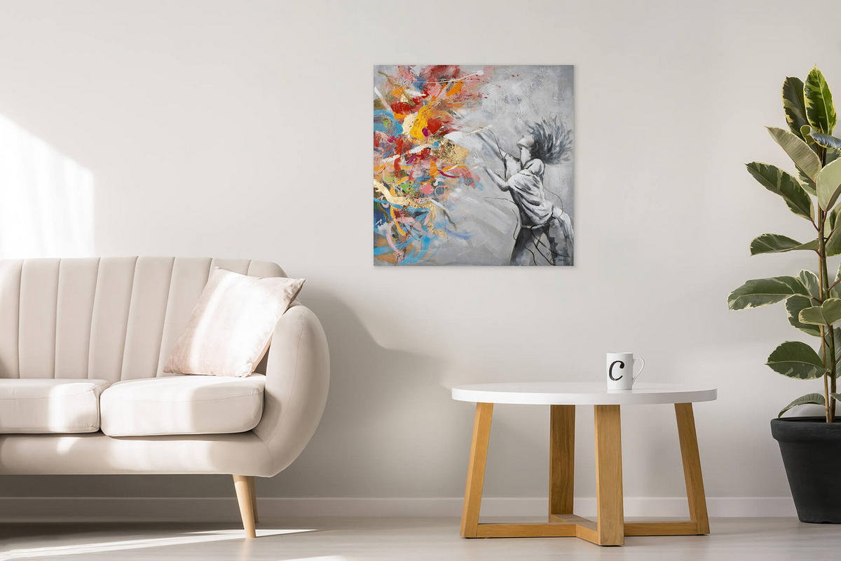 RUČNE MAĽOVANÝ AKRYLOVÝ OBRAZ 80/80 cm, sivý, abstraktný geometrický motív - sivá, drevo/textil (80/80cm) - KUNSTLOFT
