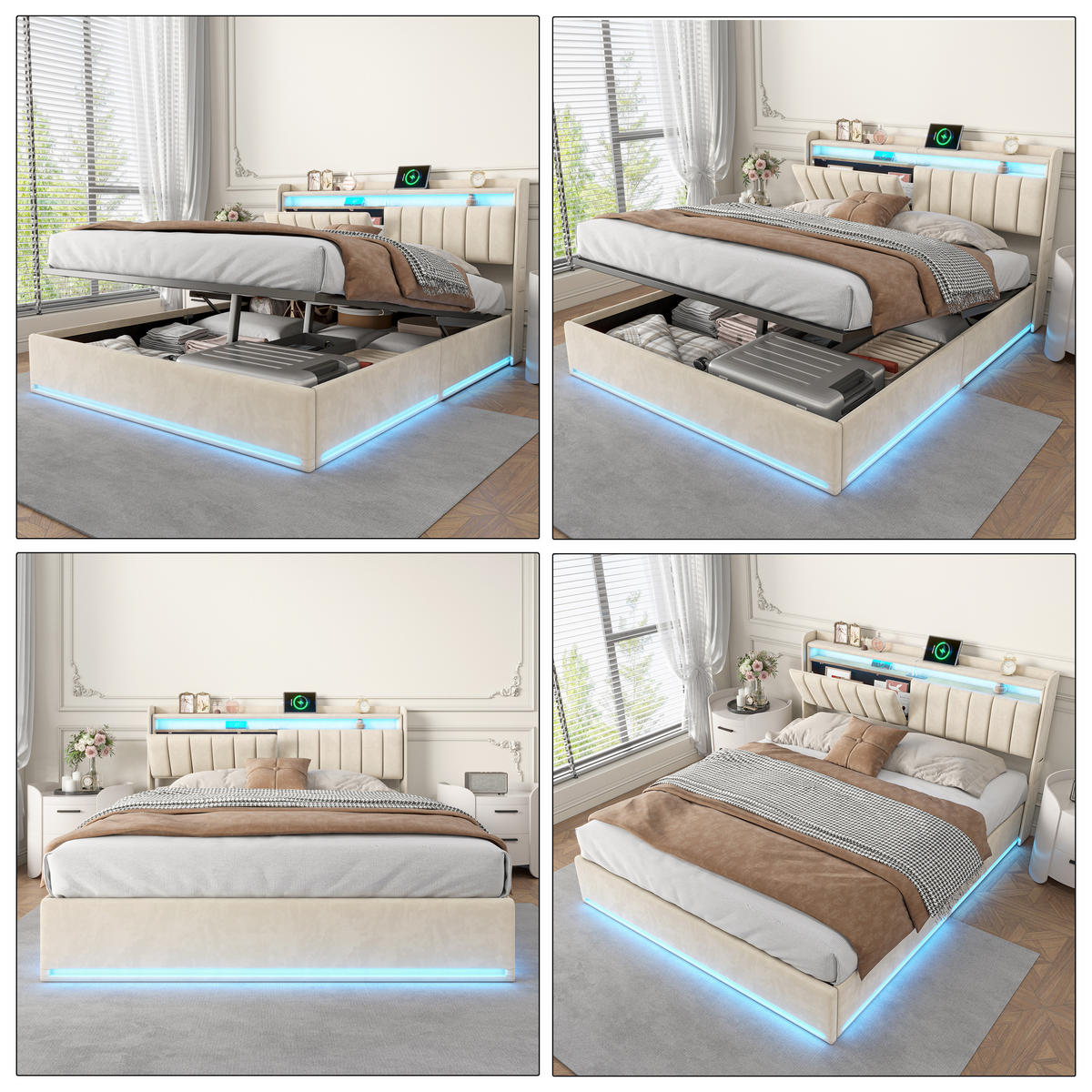 POLSTERBETT 140x200 cm mit LED, Bettkasten & USB, Beige - Beige, Metall (140/200cm) - EuroLiving