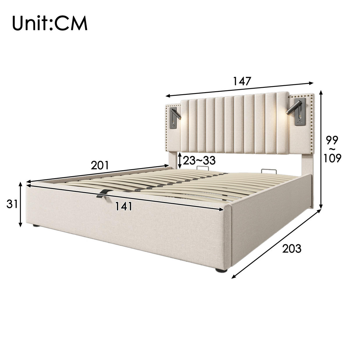BETT mit Bettkasten 140x200 cm Baumwolle Beige - Beige, Metall (140/200cm) - Meubliv