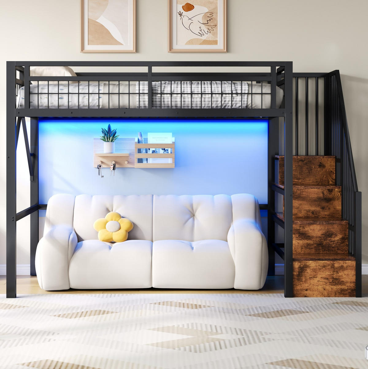 HOCHBETT 90/200 cm aus Metall mit LED-Lichtleiste, Treppe mit Stauraum und Freiraum unter dem Bett, Schwarz - Schwarz, Metall (90/200cm) - Redom